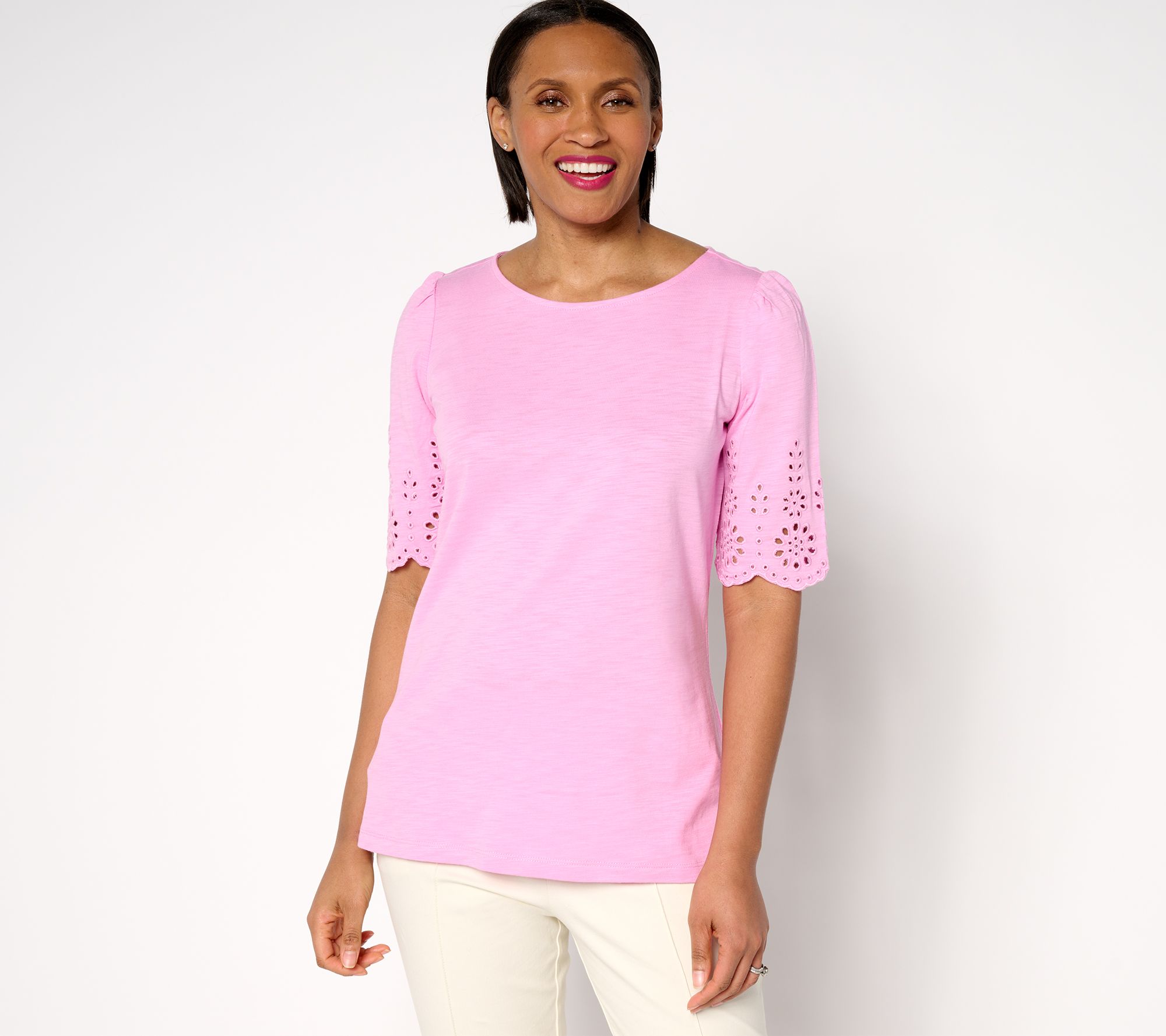 Belle by Kim Gravel Slub Knit Scallop Sleeve Boatneck Top