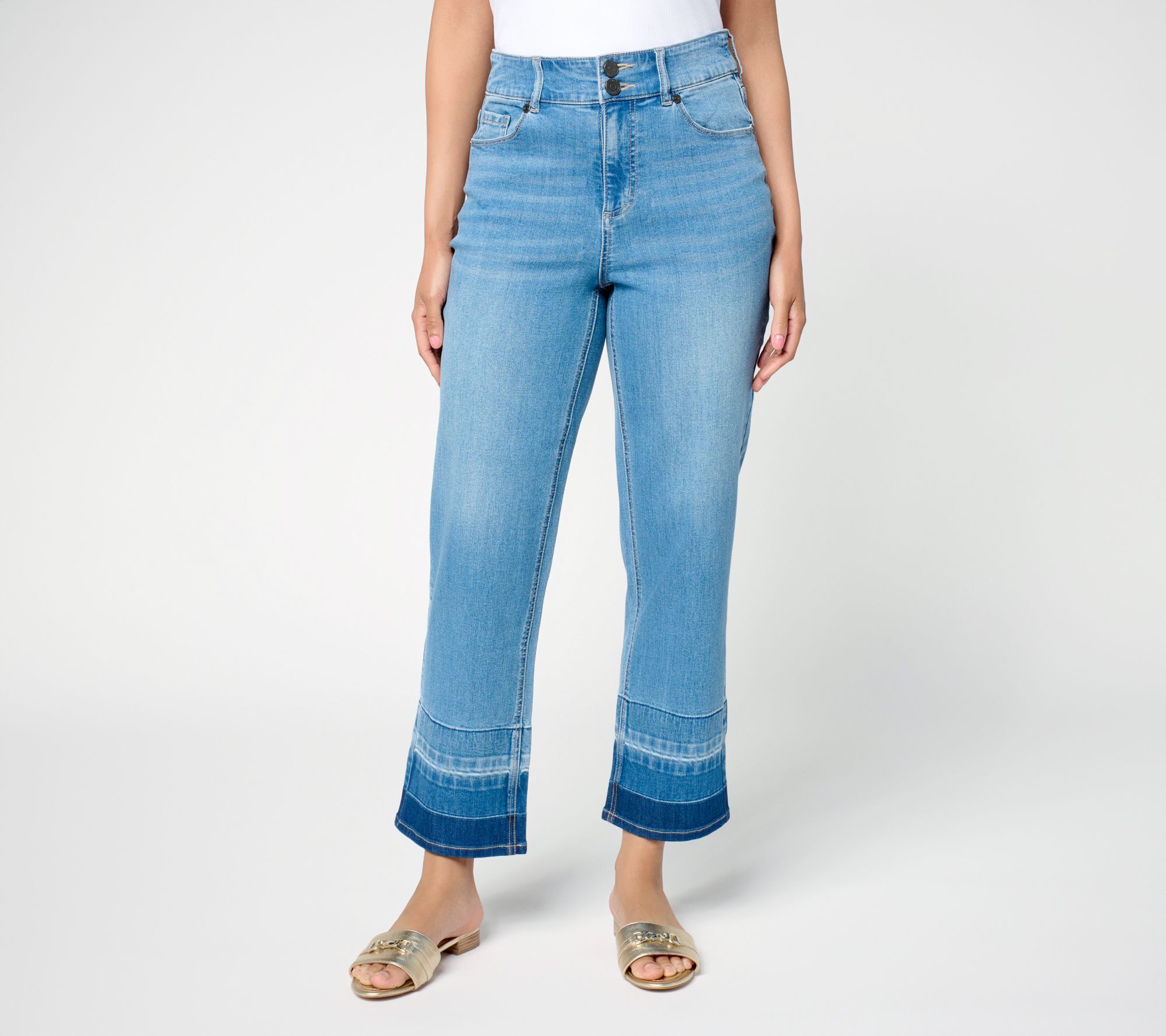 Susan Graver Petite Stretch Denim Full Leg Dip Dye Ankle Jean