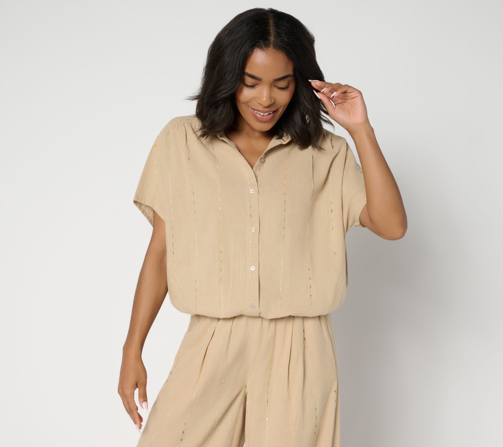 LOGO by Lori Goldstein 100% Cotton Button Front Shirt