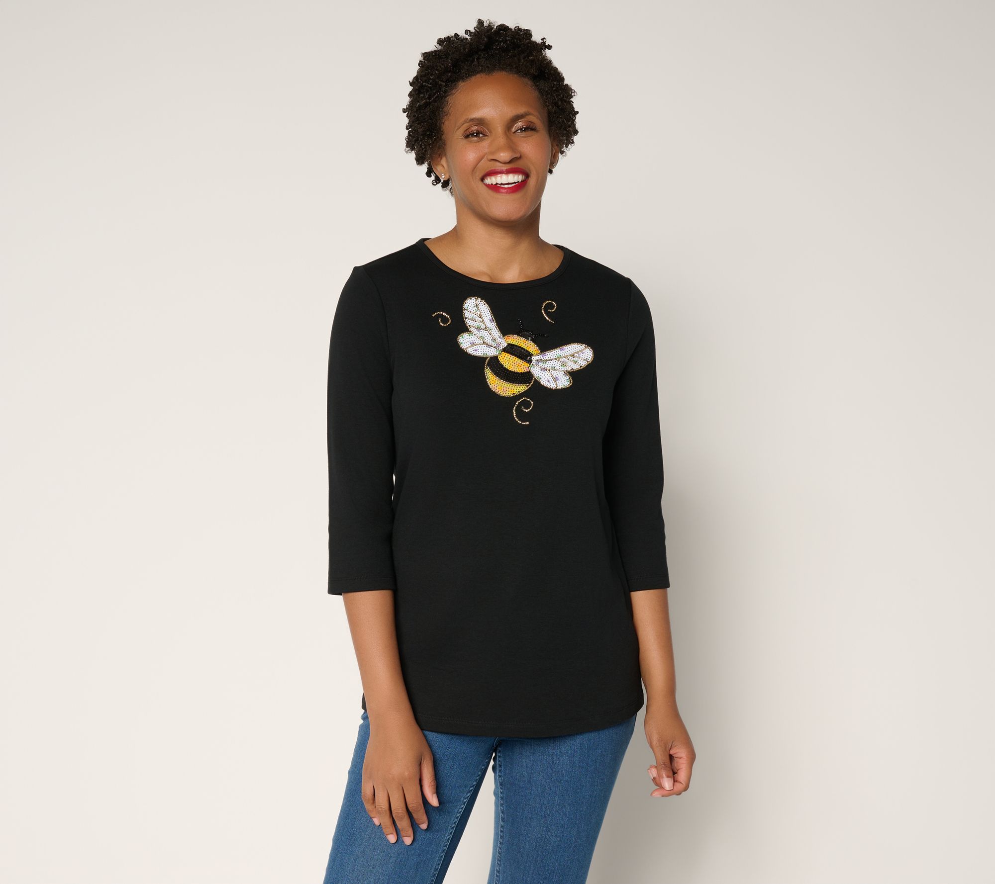 Quacker Factory The Bee's Knees Sequins & Beads 3/4 Sleeve Top
