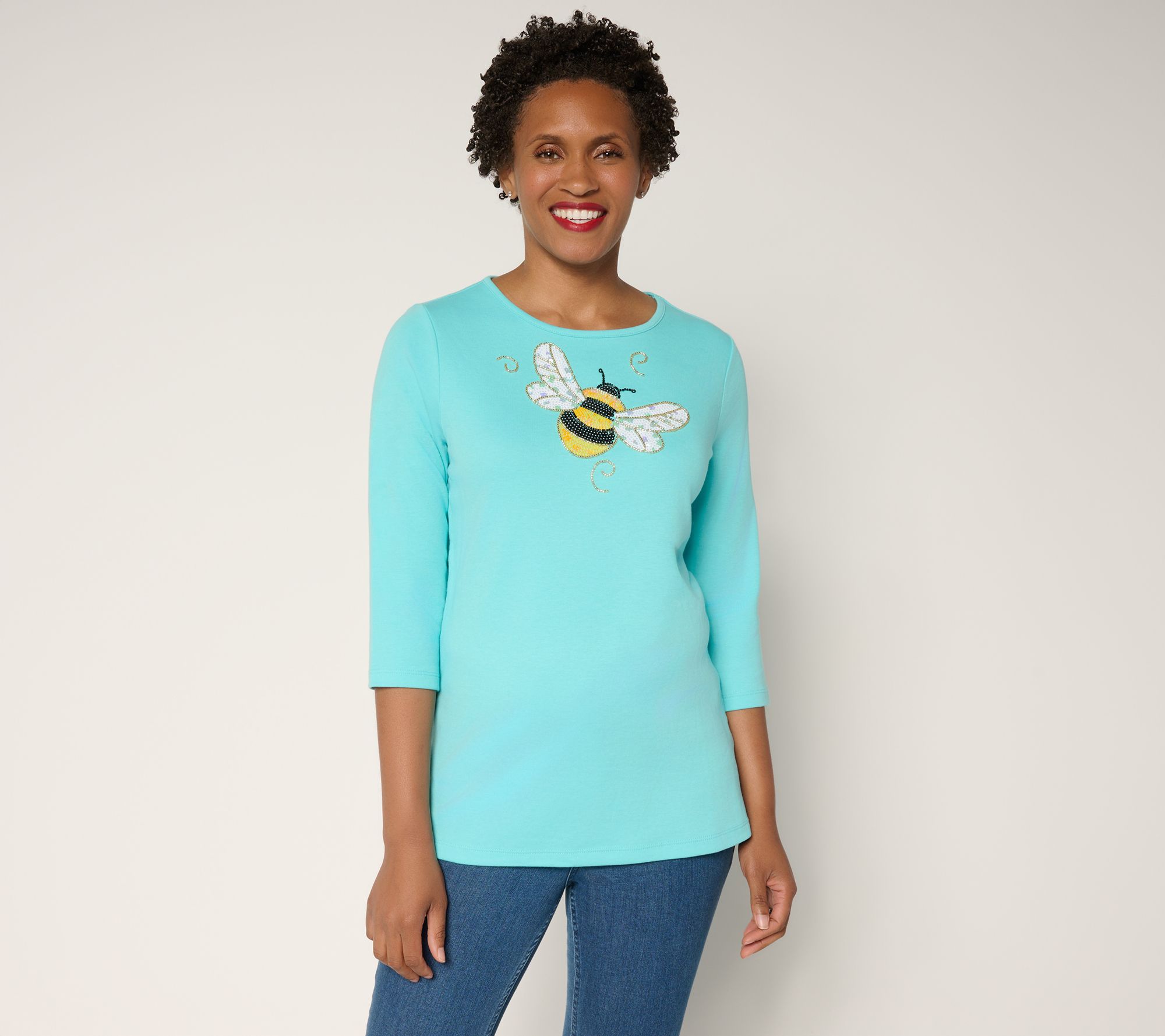 Quacker Factory The Bee's Knees Sequins & Beads 3/4 Sleeve Top