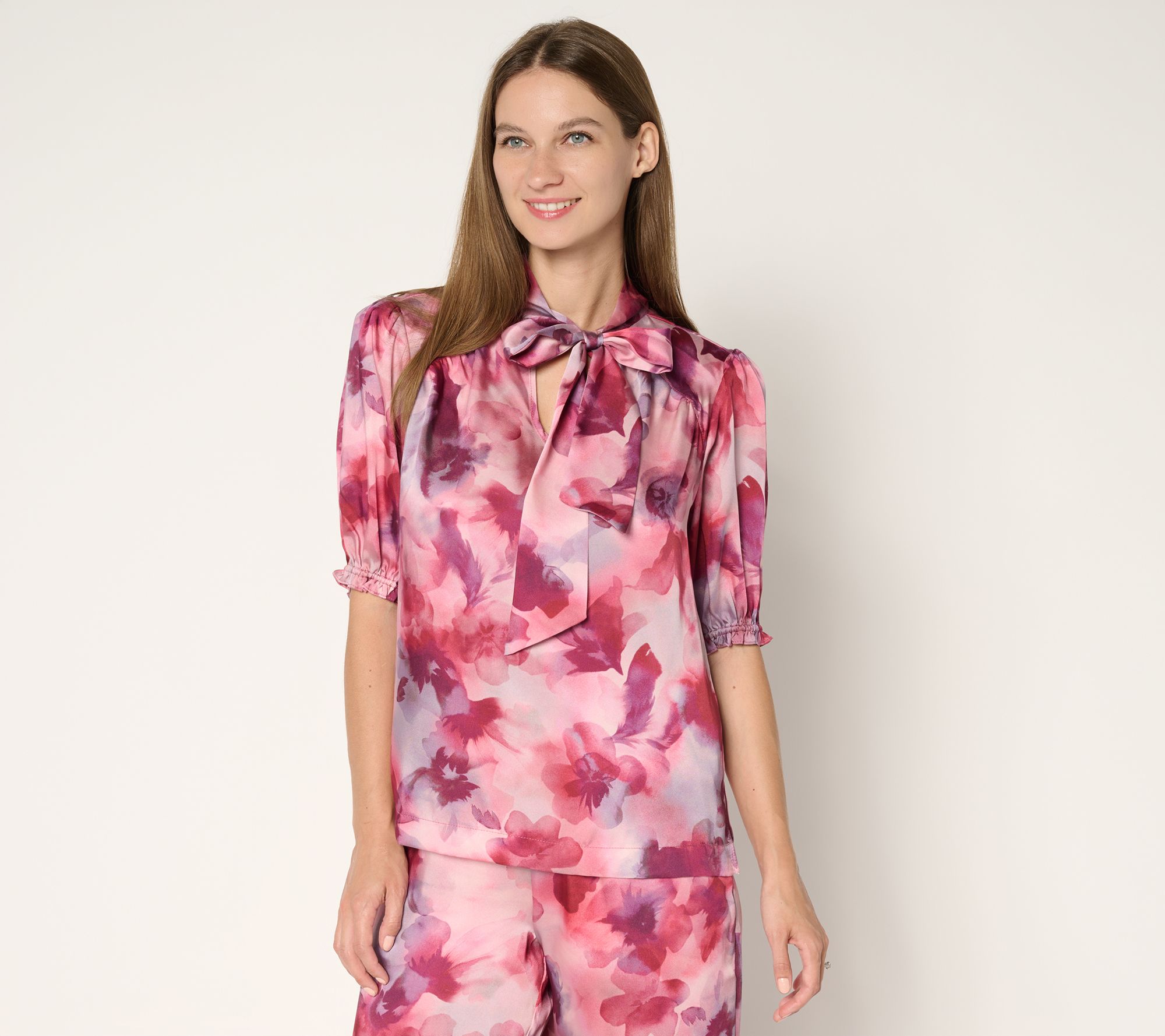 Susan Graver Printed Satin Twill Bow Neck Elbow Sleeve Blouse