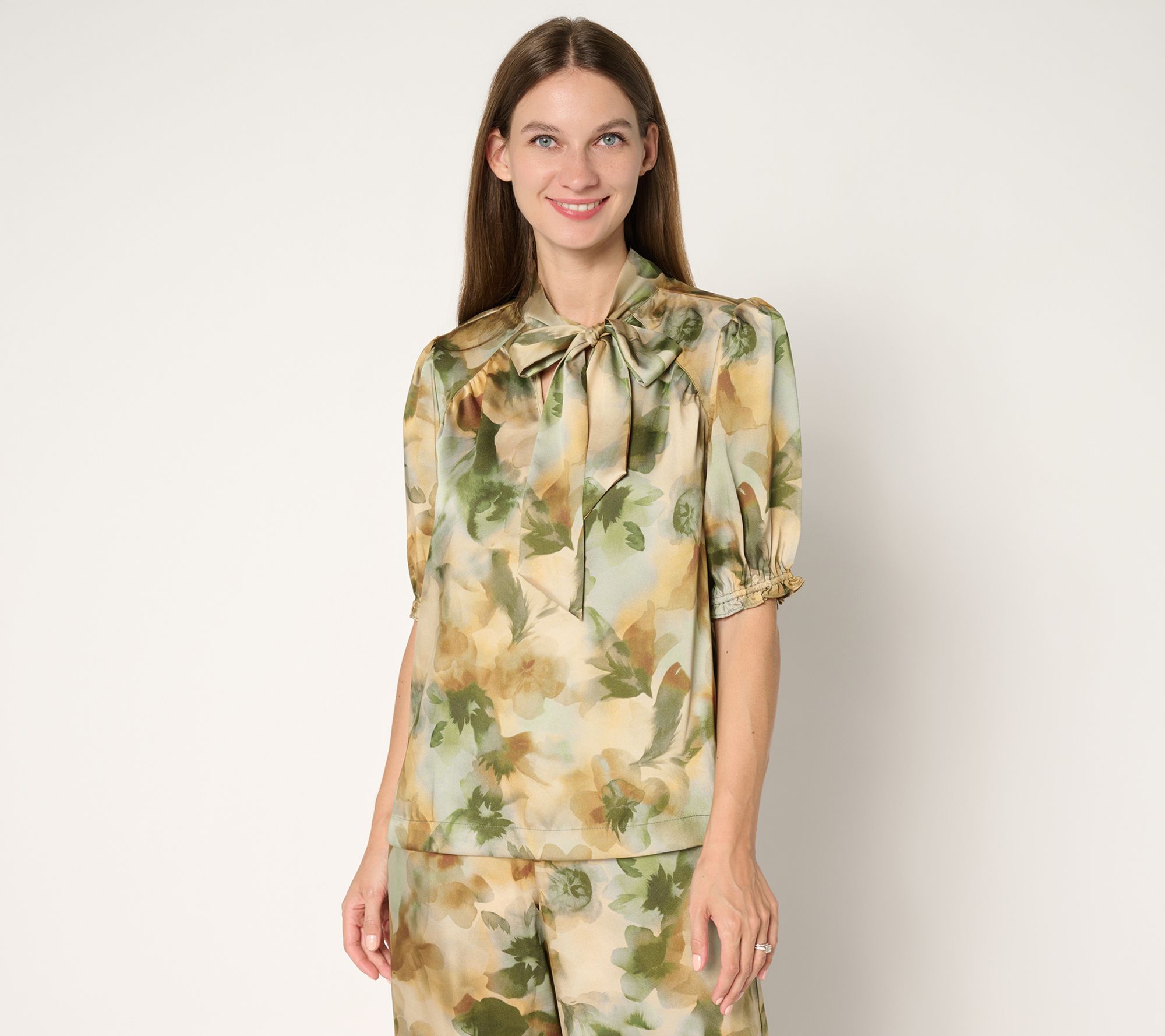 Susan Graver Printed Satin Twill Bow Neck Elbow Sleeve Blouse