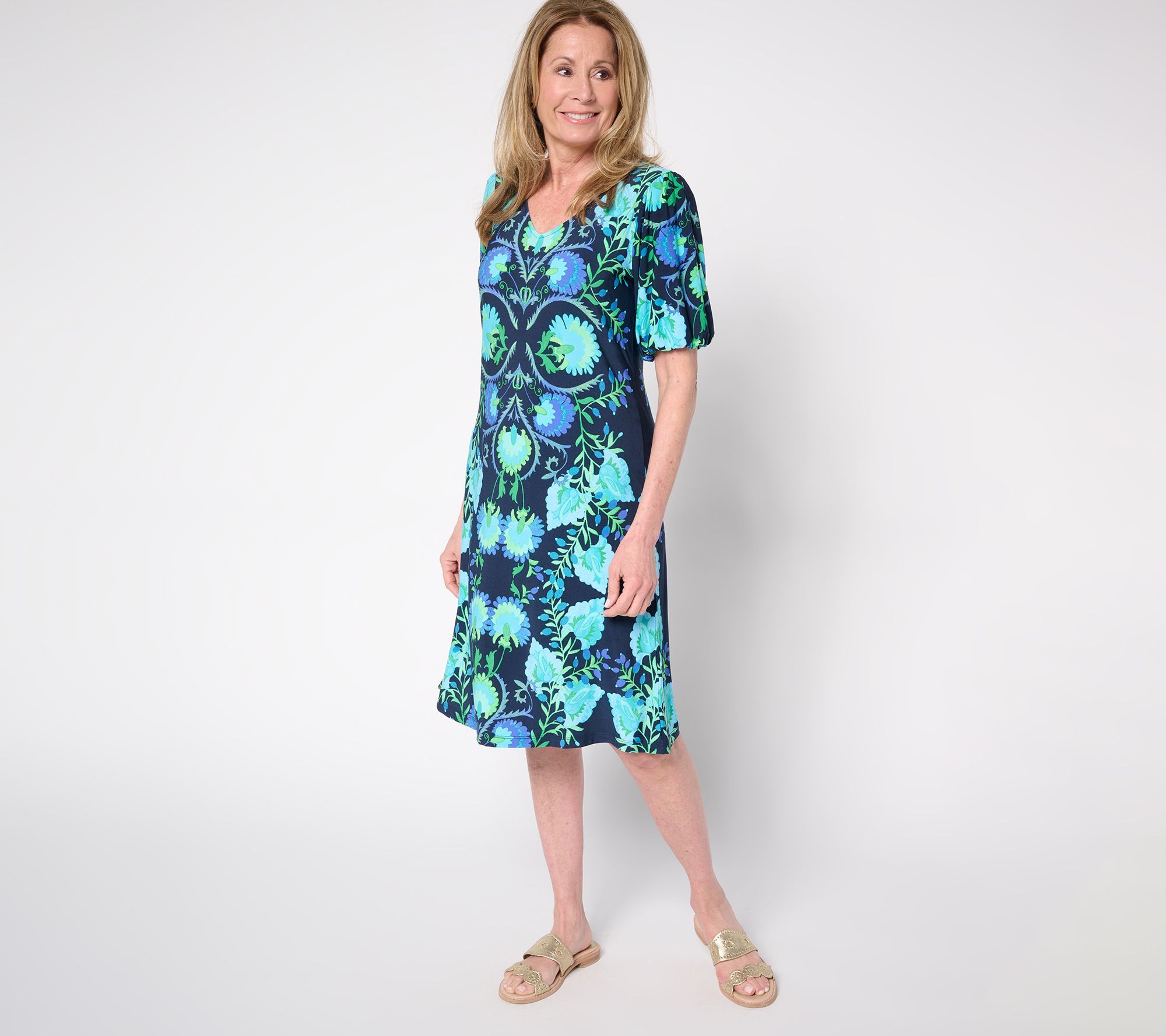 "As Is" Susan Graver Regular Printed Liquid Knit Puff Sleeve Dress