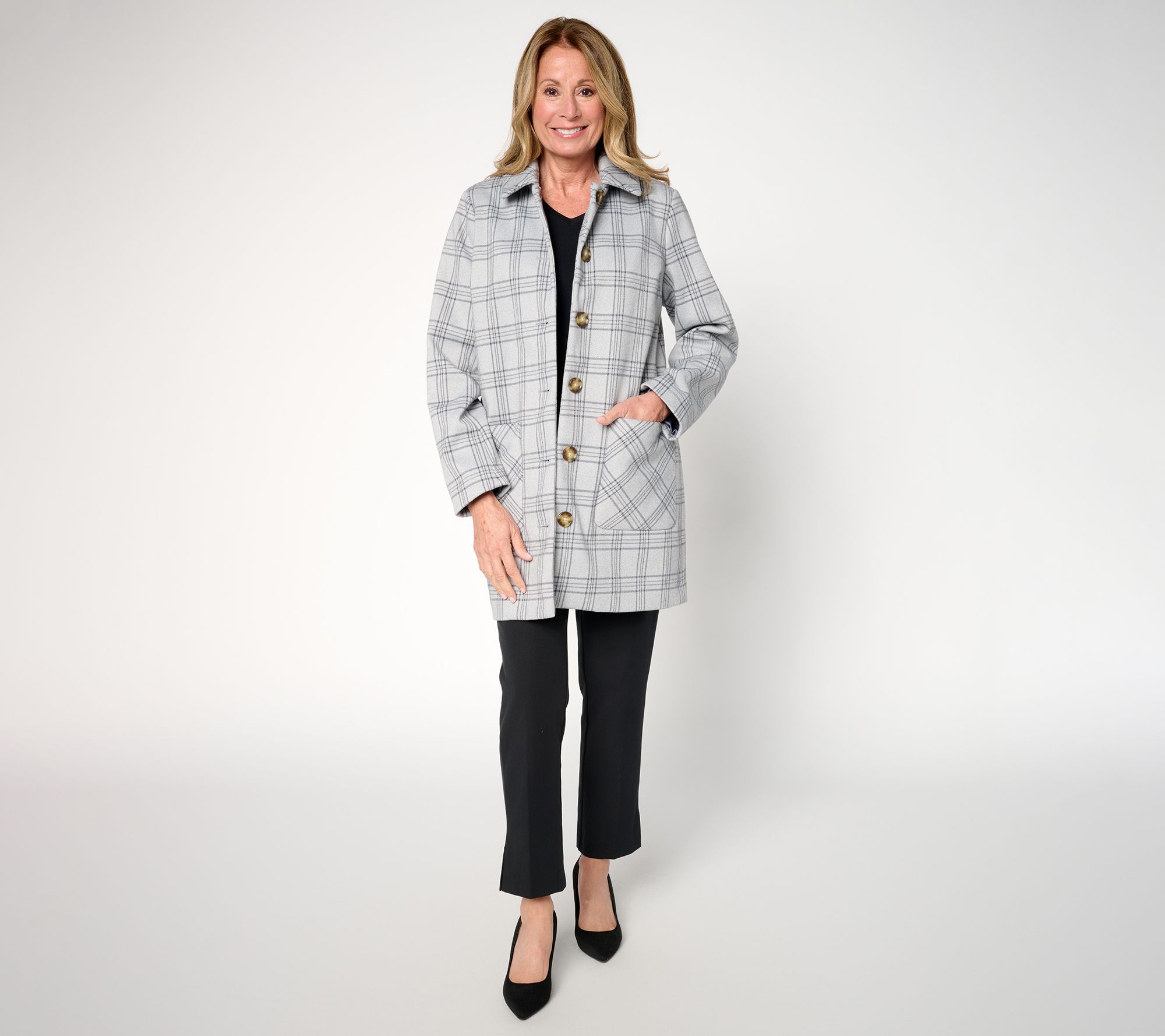 Susan Graver Regular Glen Plaid Button Front Coat