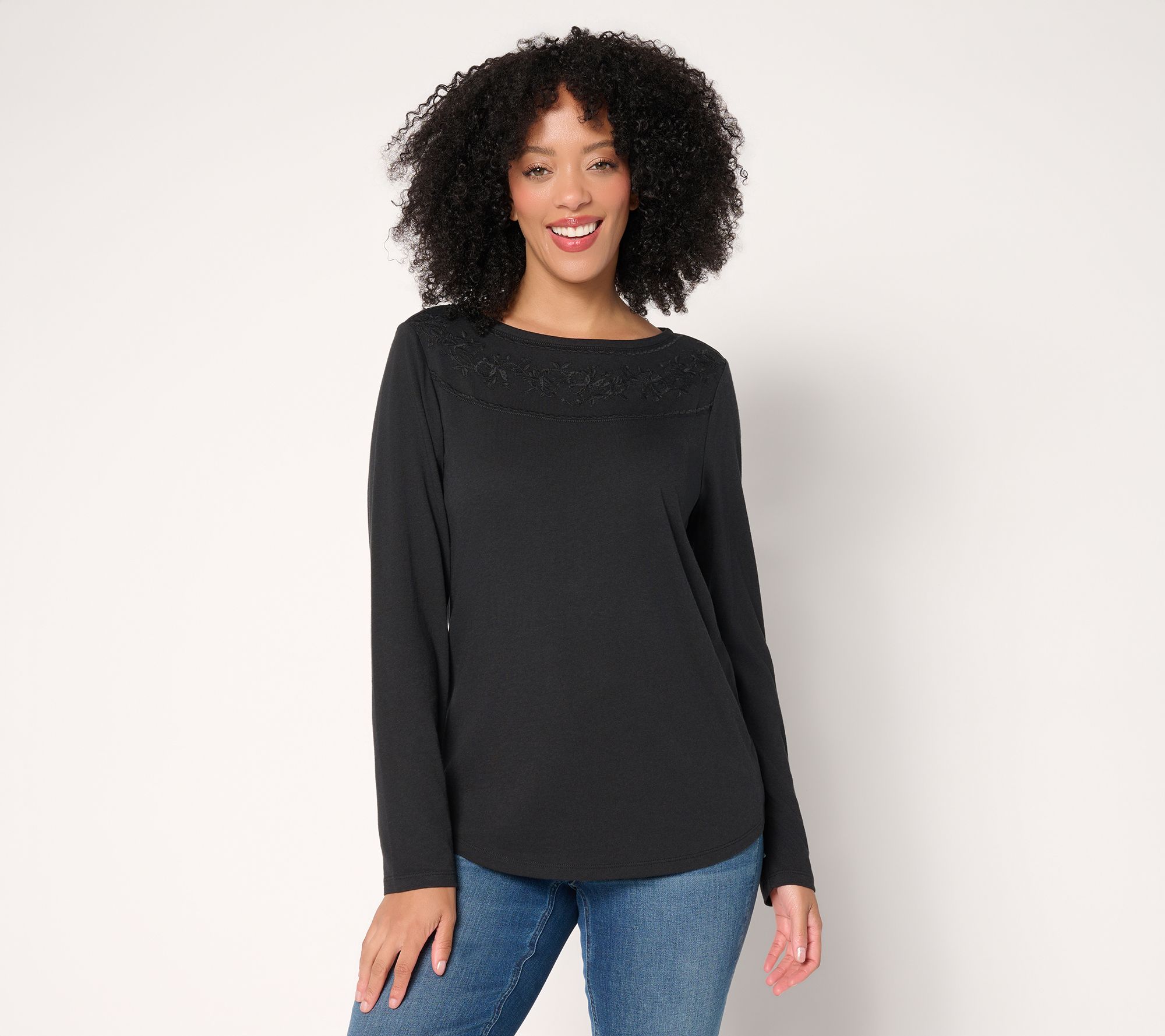 Denim & Co. Drapey Cotton Blend Embroidered Boat Neck Top