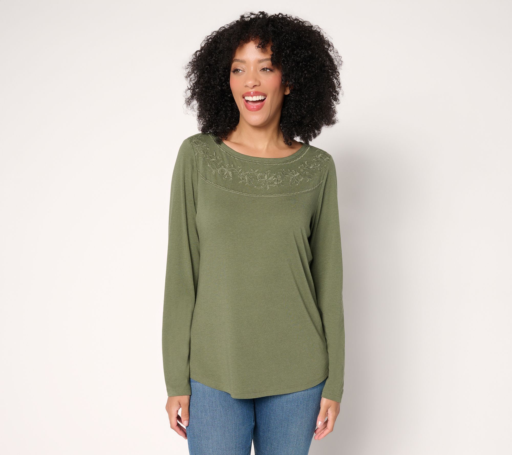 Denim & Co. Drapey Cotton Blend Embroidered Boat Neck Top