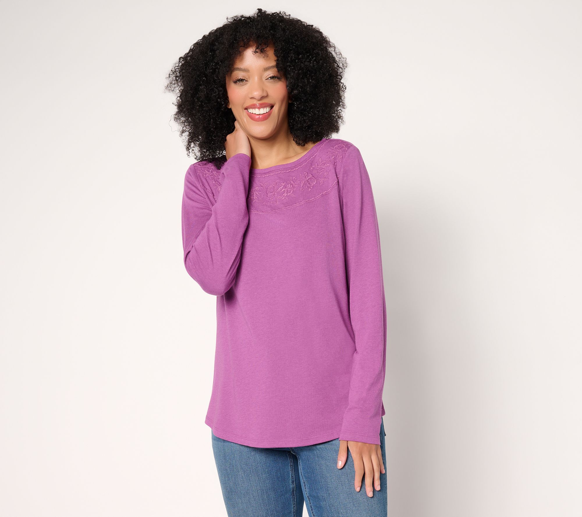 Denim & Co. Drapey Cotton Blend Embroidered Boat Neck Top