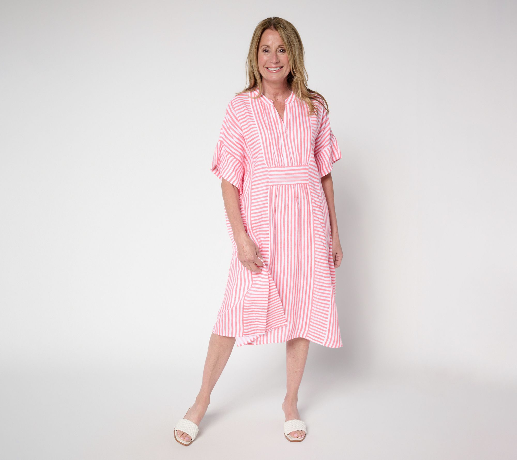 "As Is" Joan Rivers Reg Marshmallow Gauze Mixed Stripe Caftan