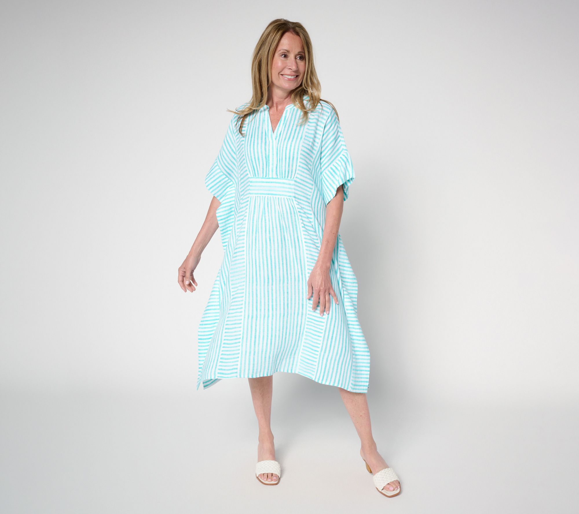 "As Is" Joan Rivers Reg Marshmallow Gauze Mixed Stripe Caftan