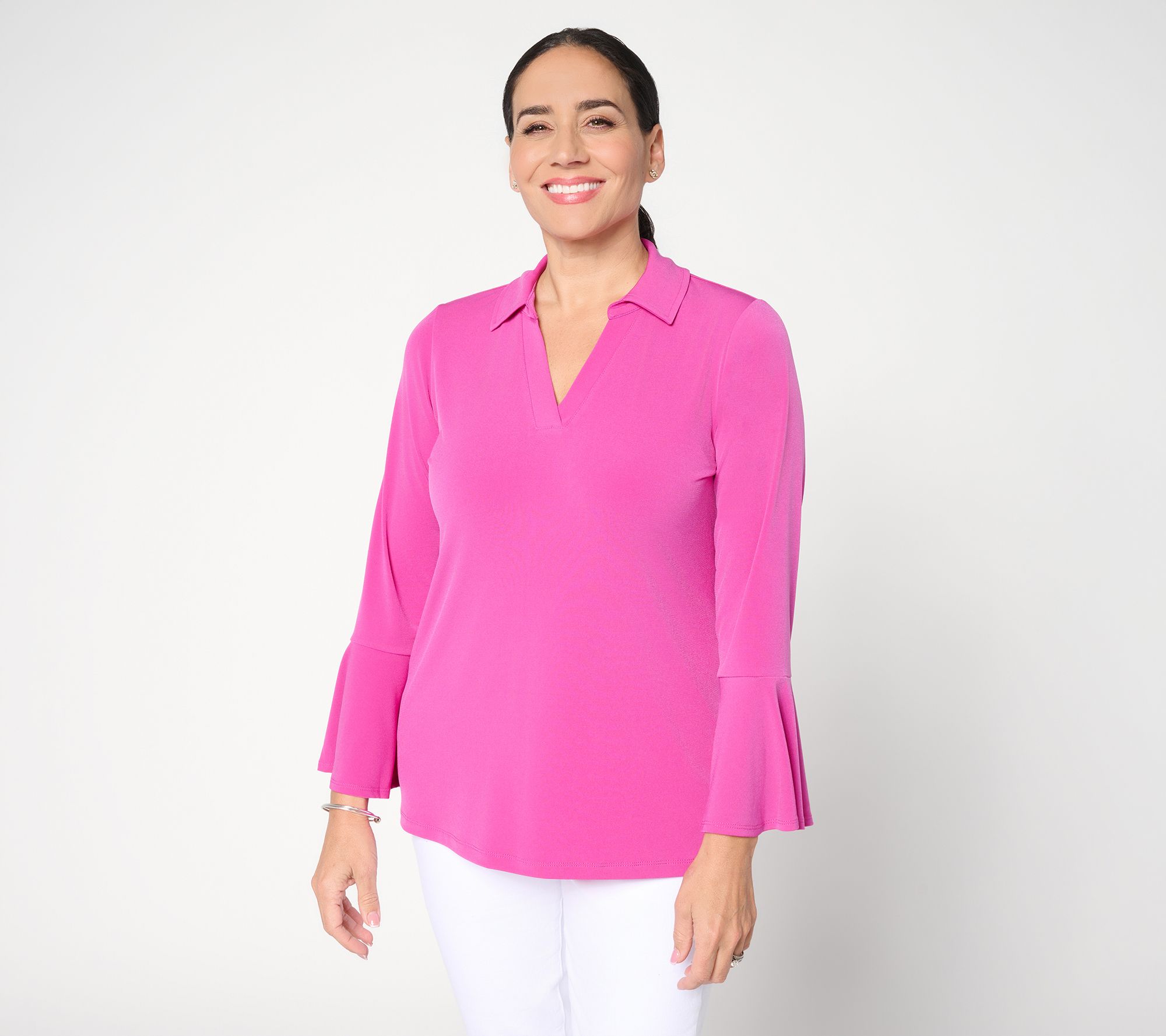 Susan Graver Regular Liquid Knit Split Neck Bell Sleeve Tunic