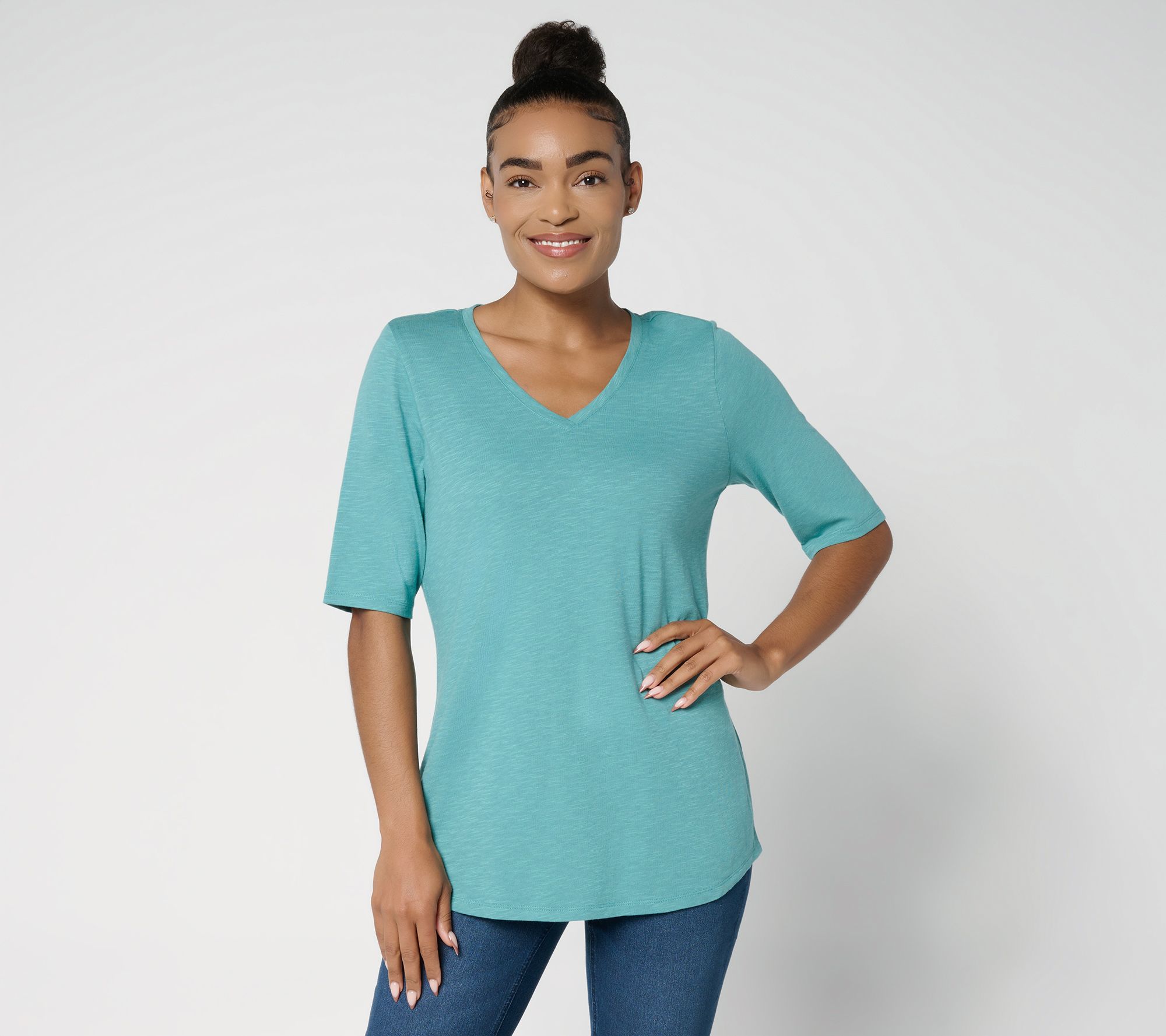 "As Is" Denim & Co. Essentials Slub Jersey Elbow Sleeve V-Neck Top