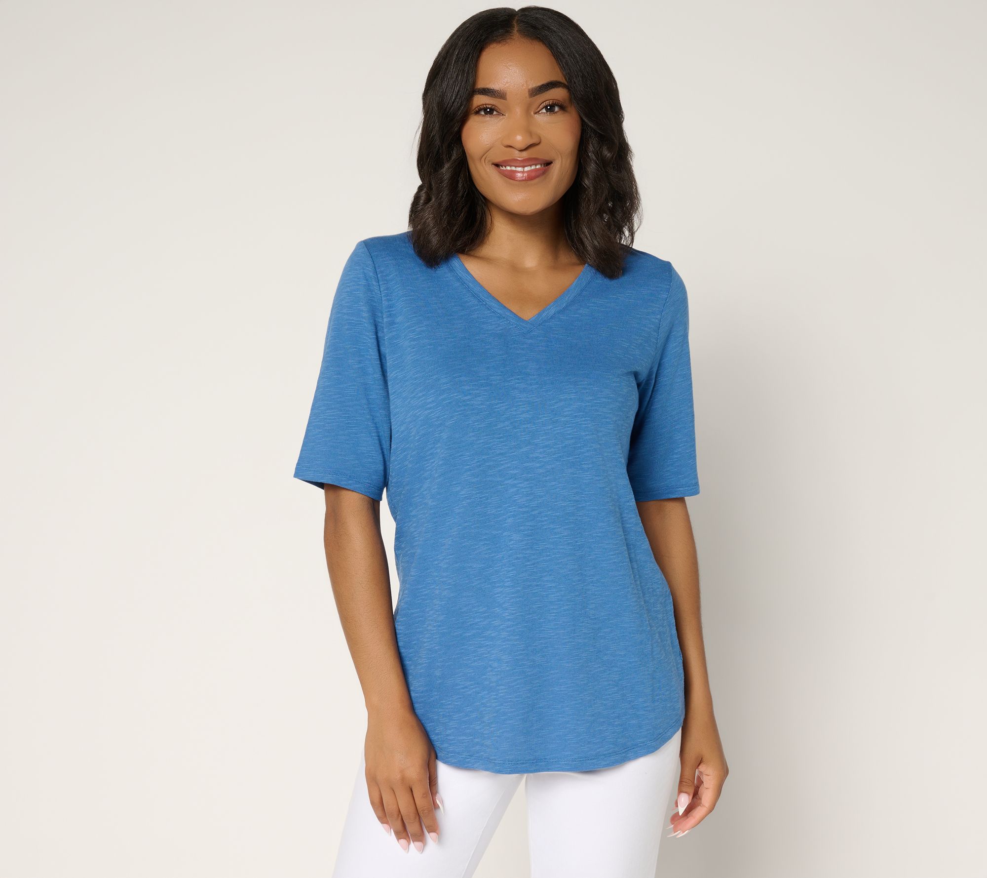 "As Is" Denim & Co. Essentials Slub Jersey Elbow Sleeve V-Neck Top