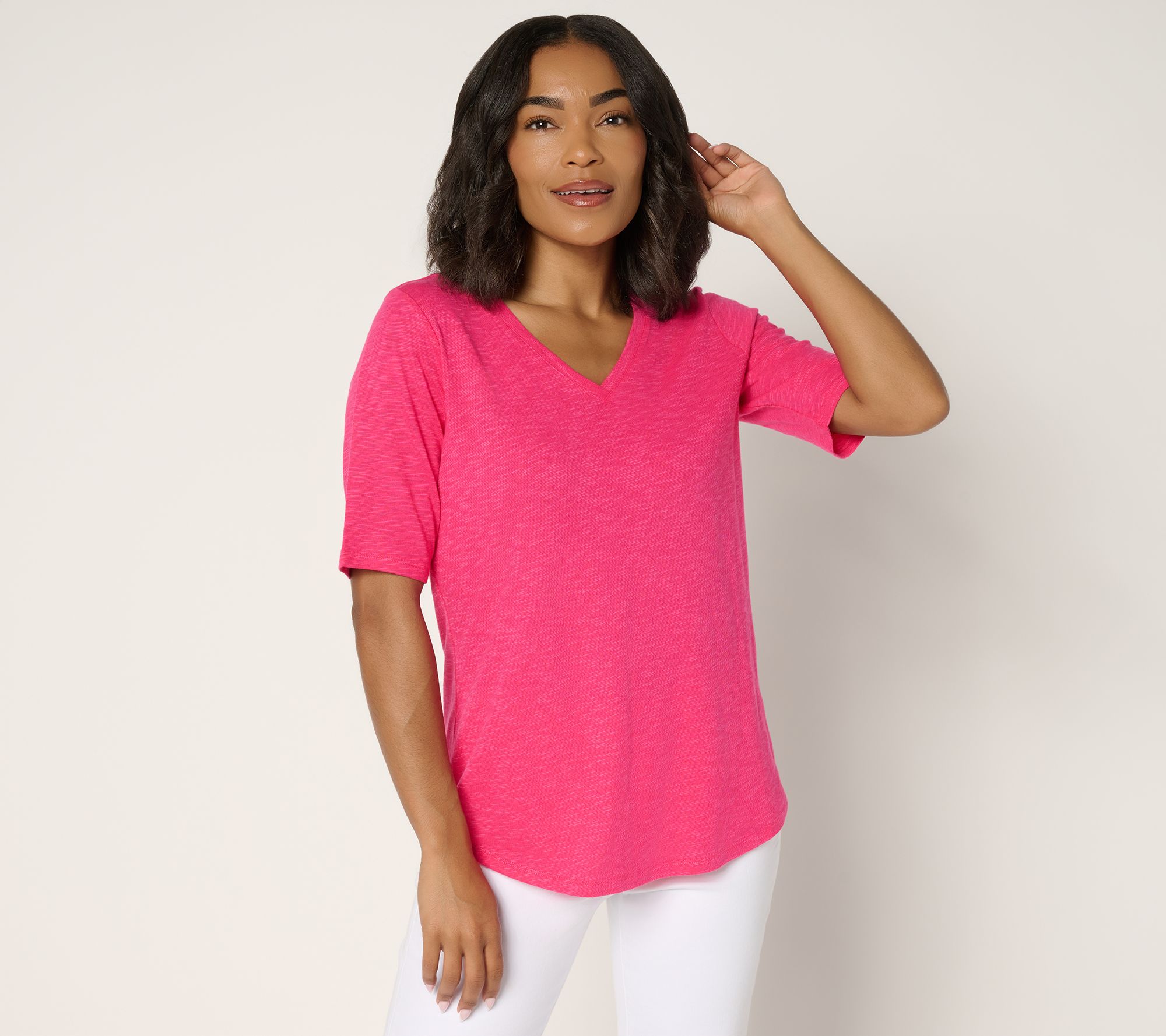 "As Is" Denim & Co. Essentials Slub Jersey Elbow Sleeve V-Neck Top