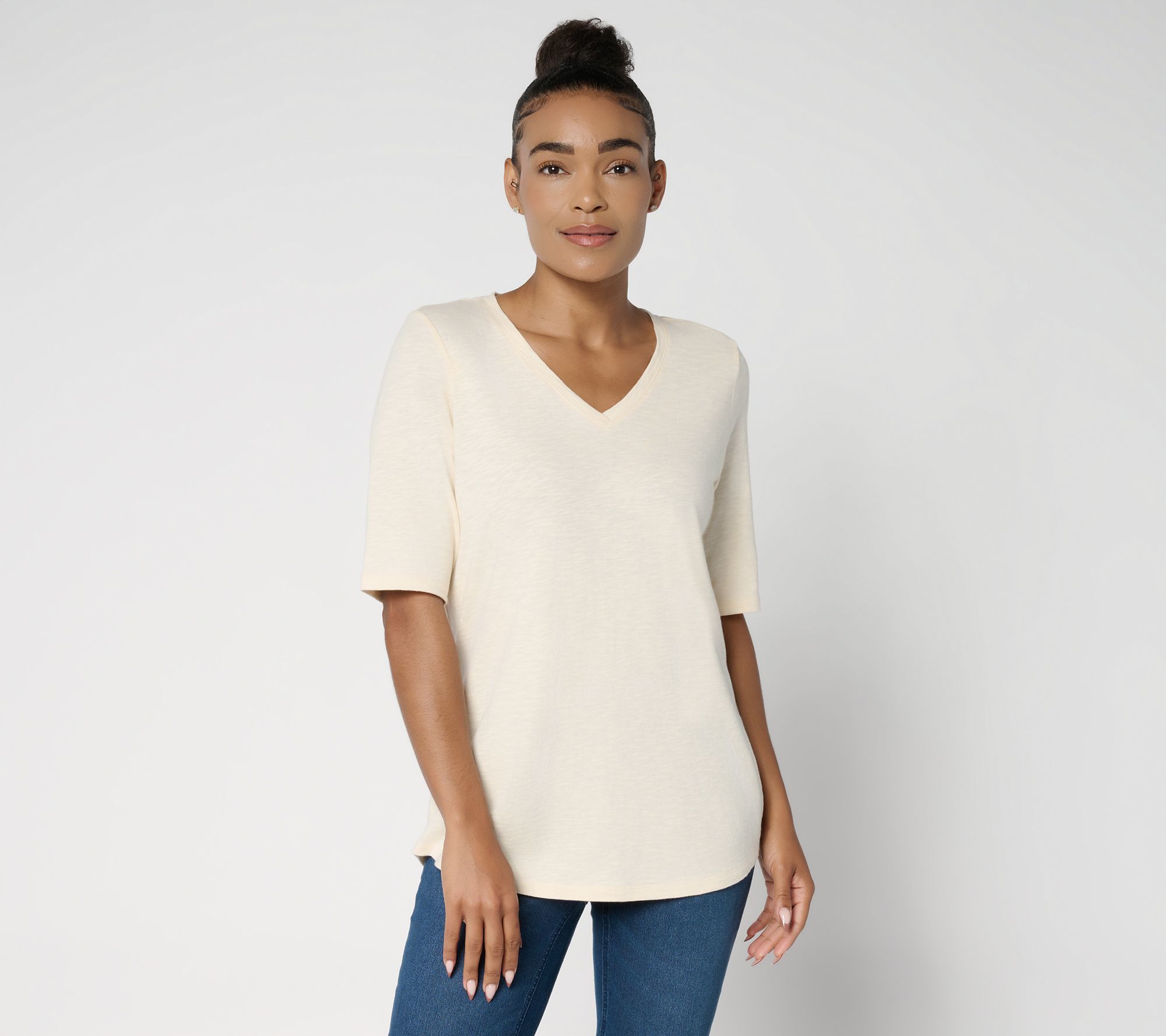 "As Is" Denim & Co. Essentials Slub Jersey Elbow Sleeve V-Neck Top