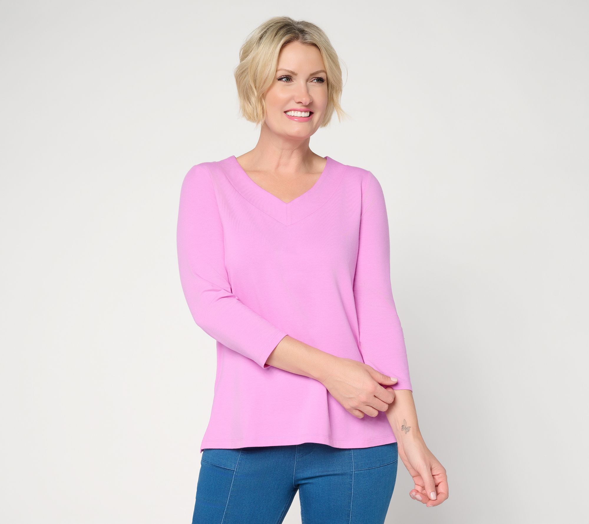  Susan Graver Essentials Comfy Cotton V-Neck 3/4-Sleeve Top