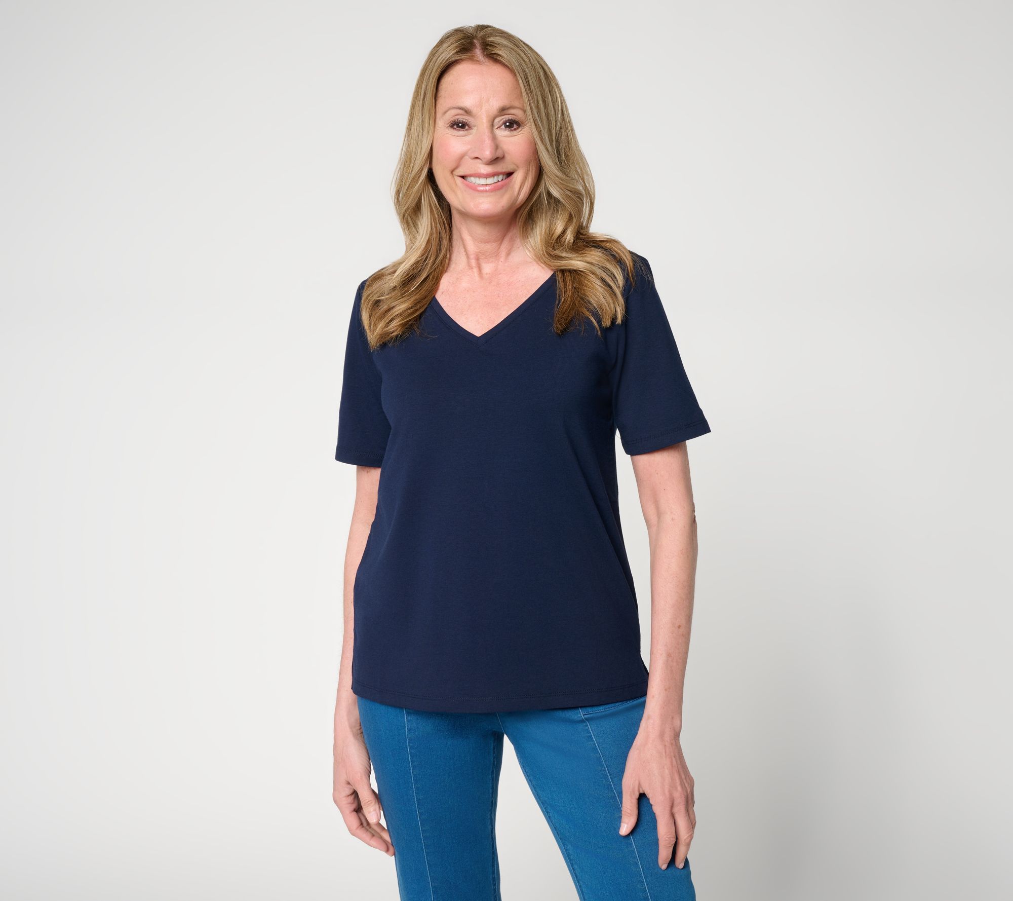 Susan Graver Essentials Comfy Cotton V-Neck Elbow Sleeve Top