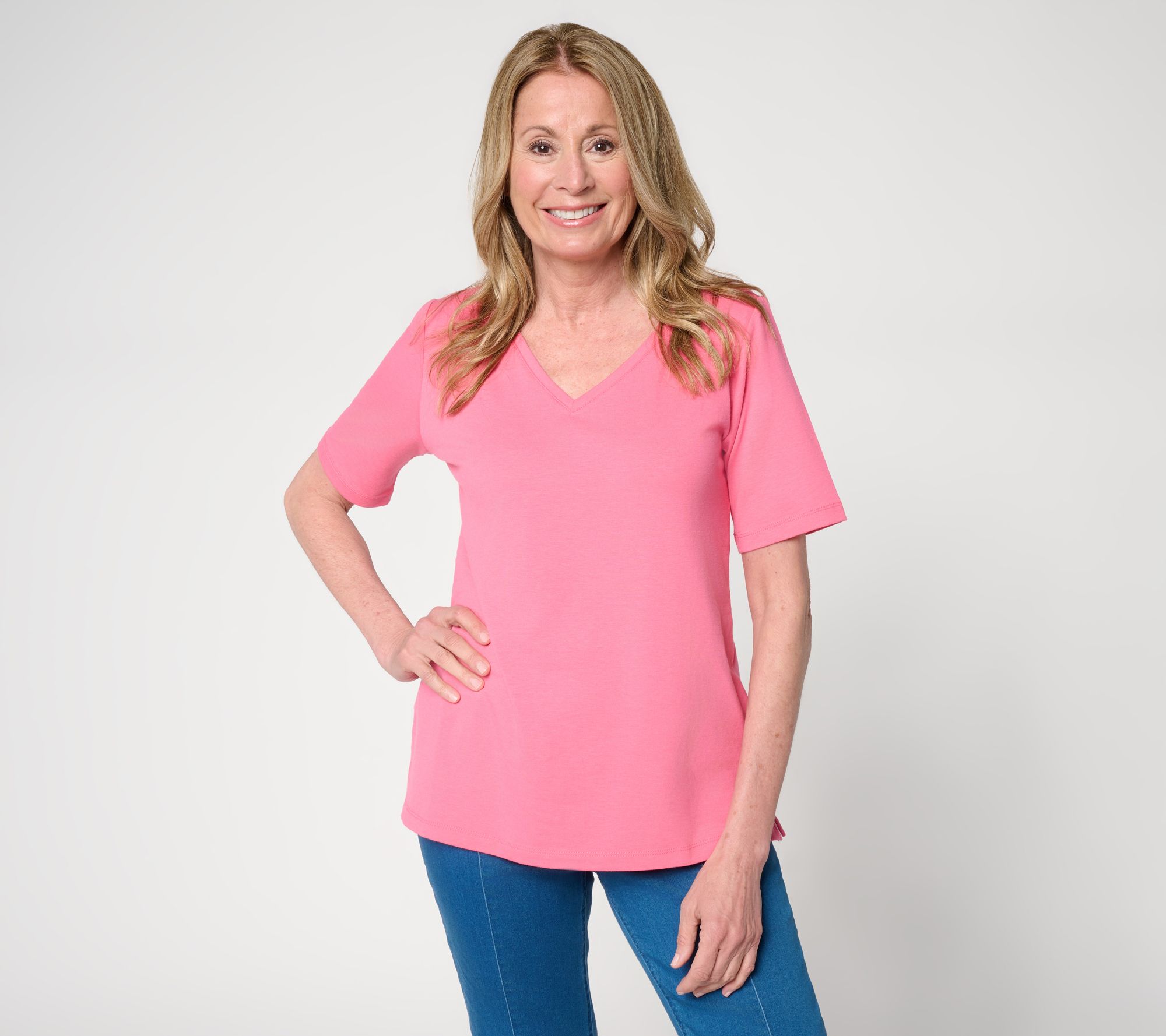 Susan Graver Essentials Comfy Cotton V-Neck Elbow Sleeve Top