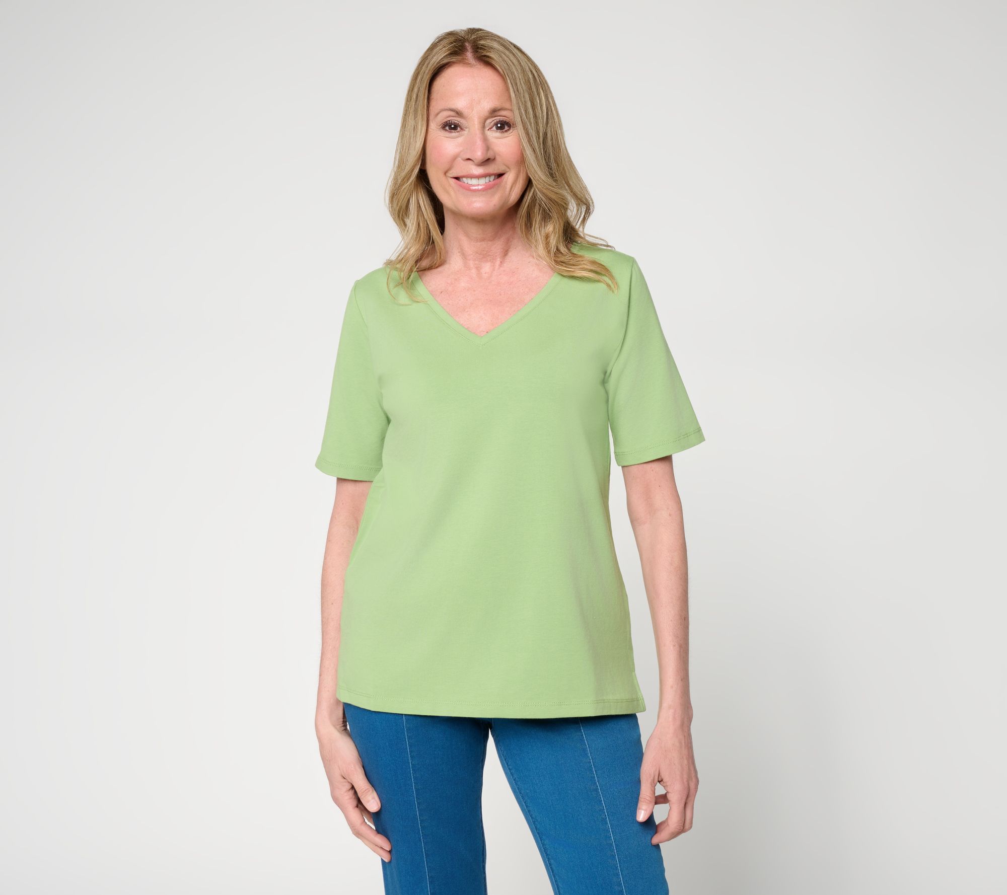 Susan Graver Essentials Comfy Cotton V-Neck Elbow Sleeve Top