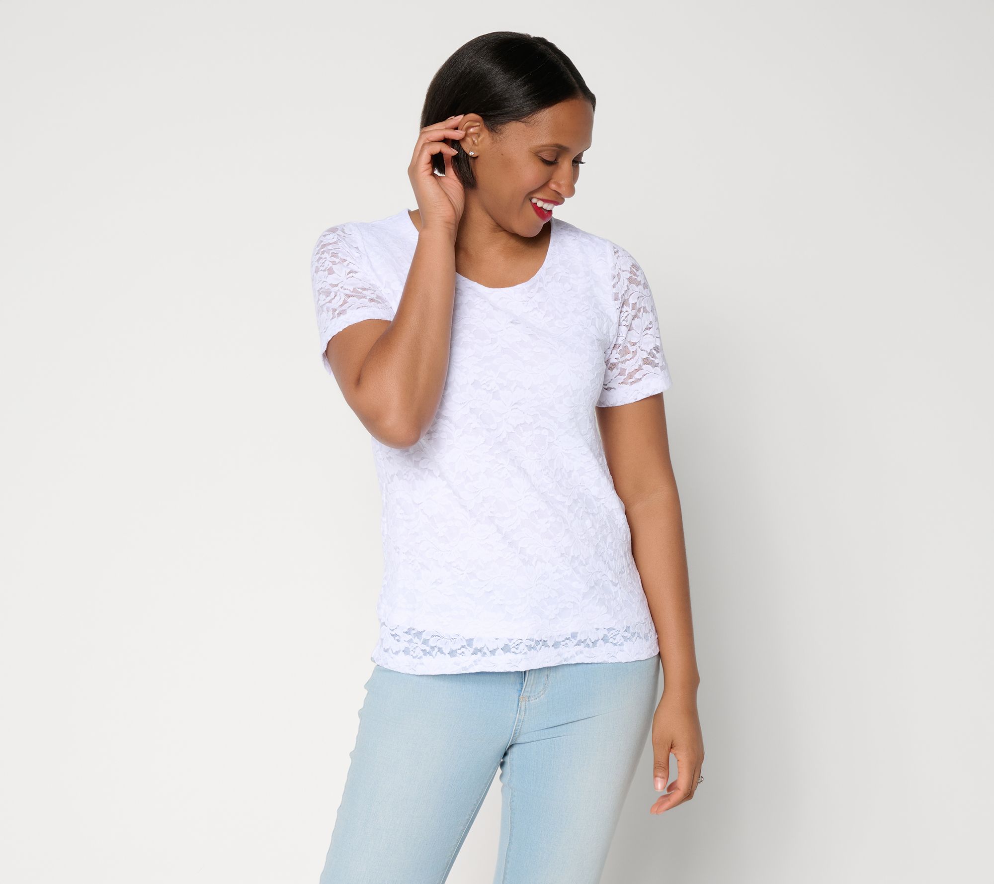 Susan Graver Stretch Knit Lace Short Sleeve Top