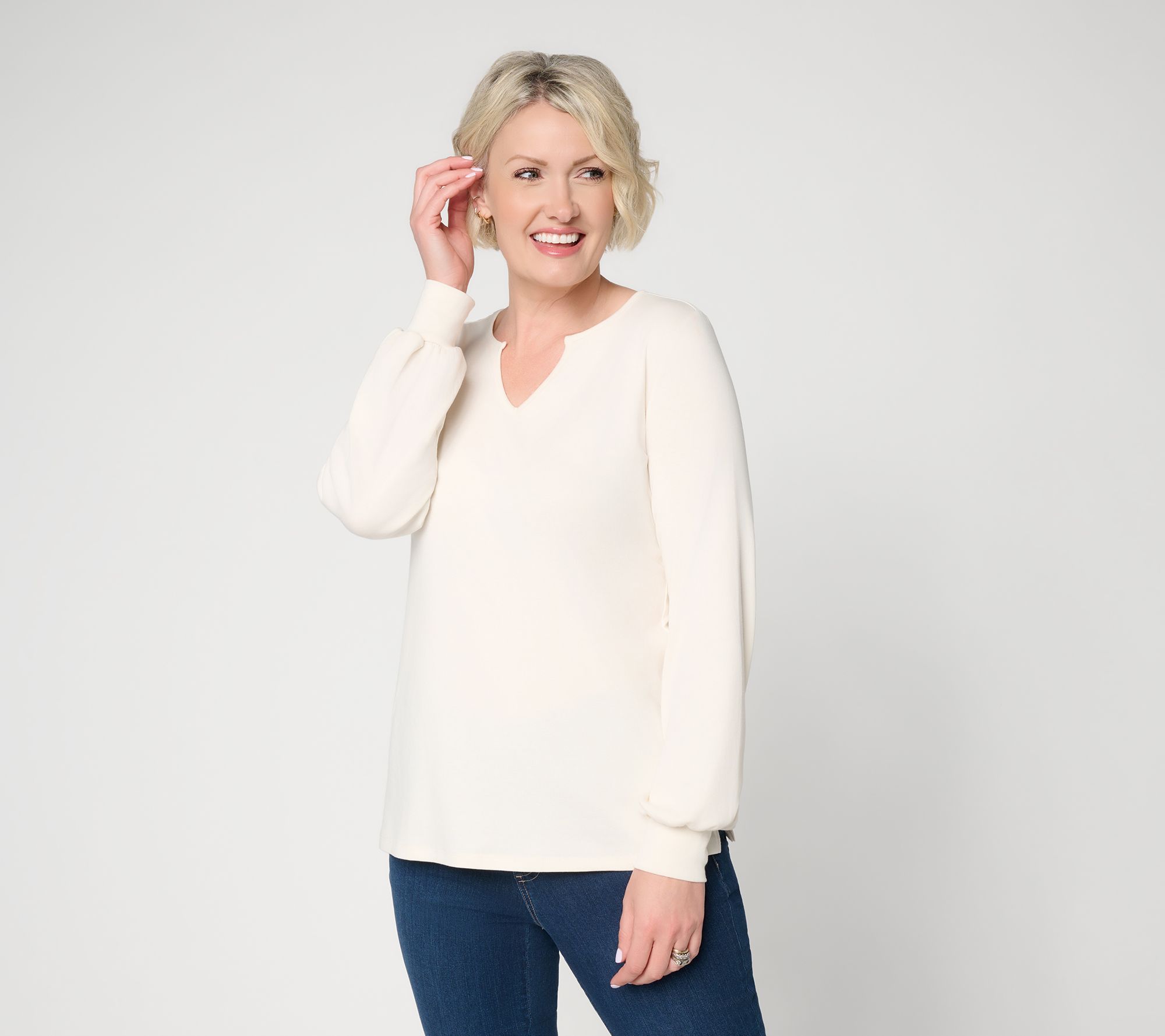 Belle by Kim Gravel TripleLuxe Micro Rib Split V-Neck Top