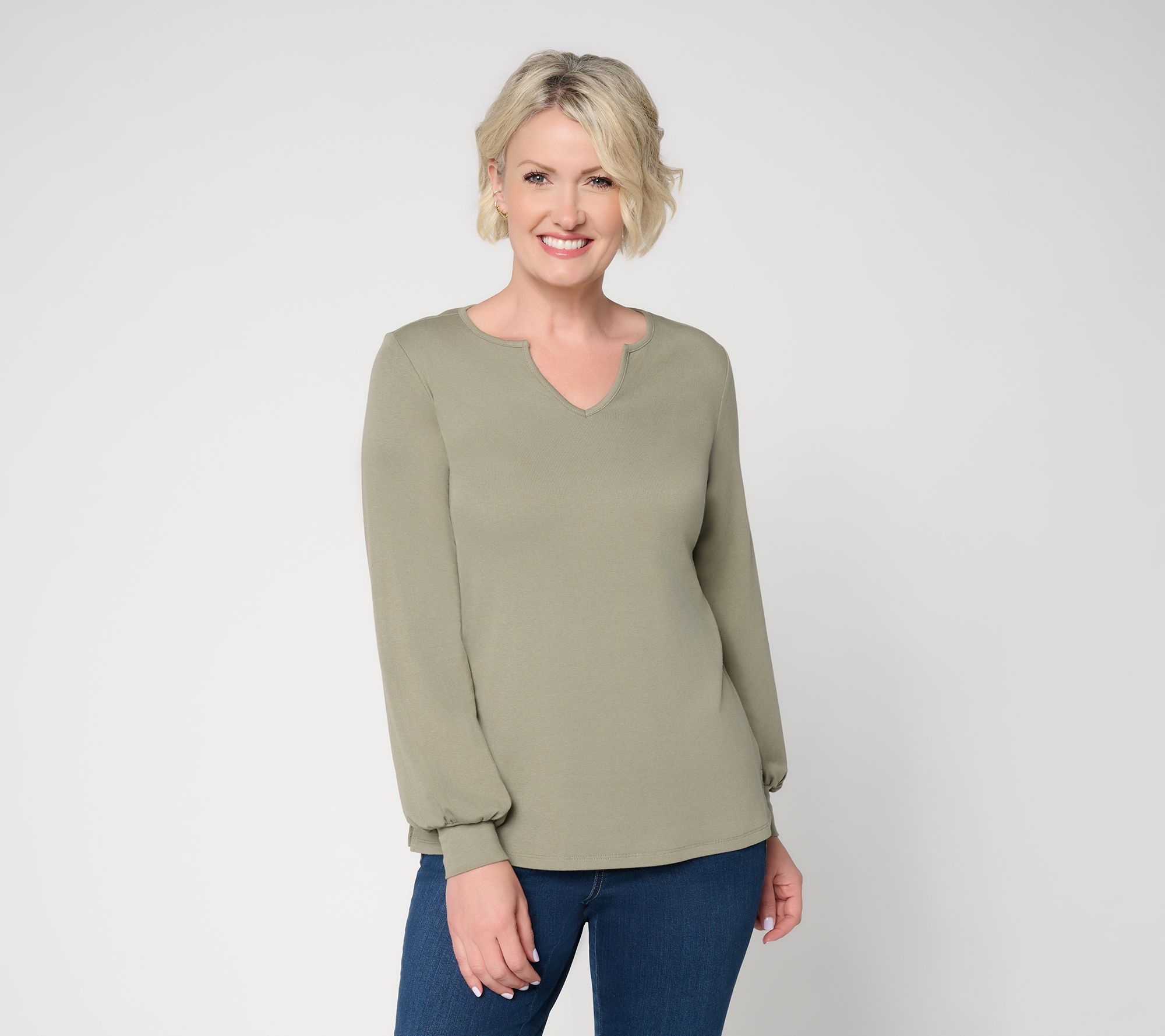 Belle by Kim Gravel TripleLuxe Micro Rib Split V-Neck Top