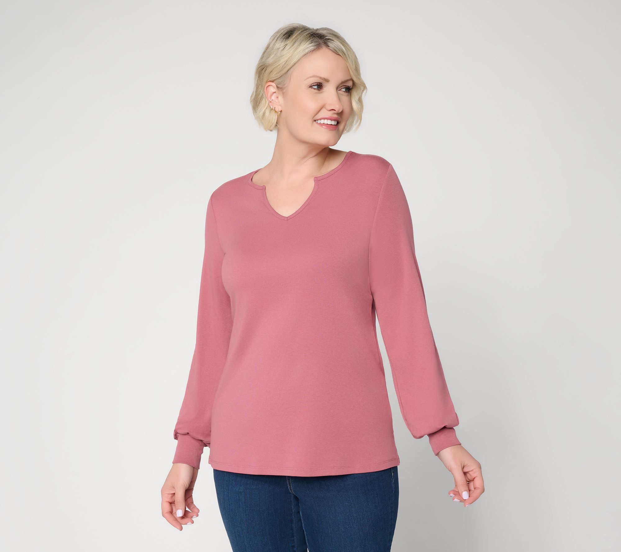 Belle by Kim Gravel TripleLuxe Micro Rib Split V-Neck Top