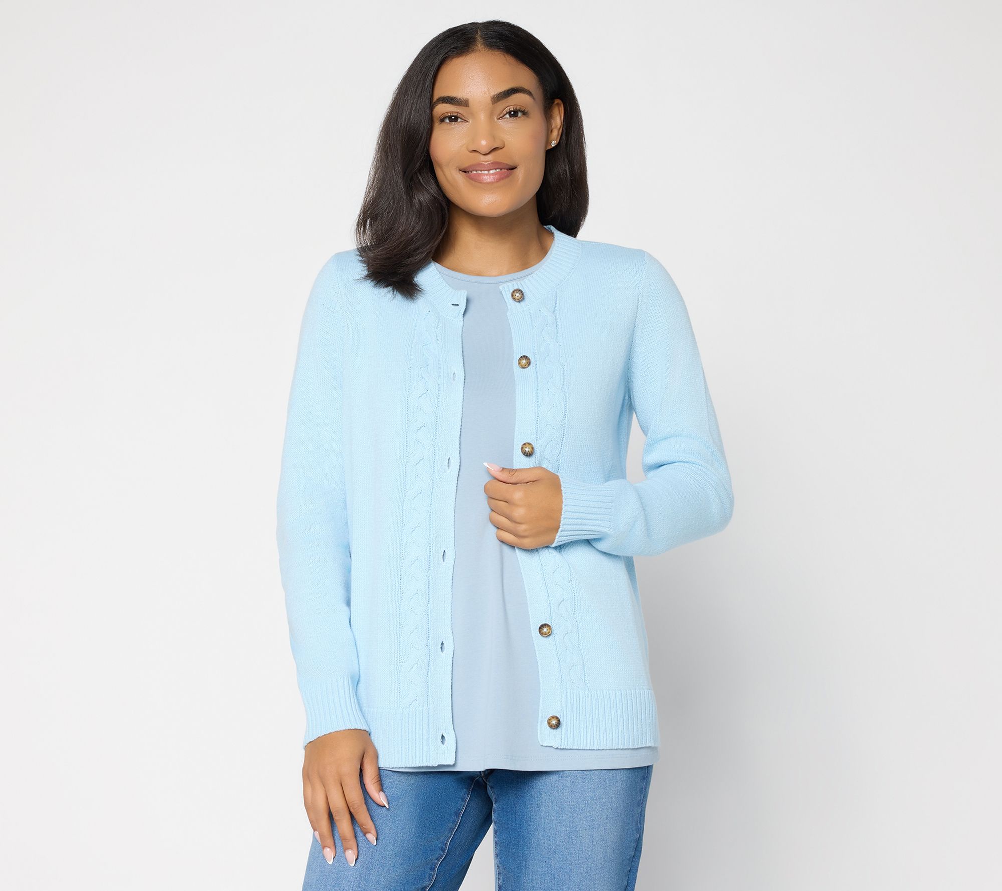 "As Is" Denim & Co. Button Front Sweater Cardigan with Cable Detail