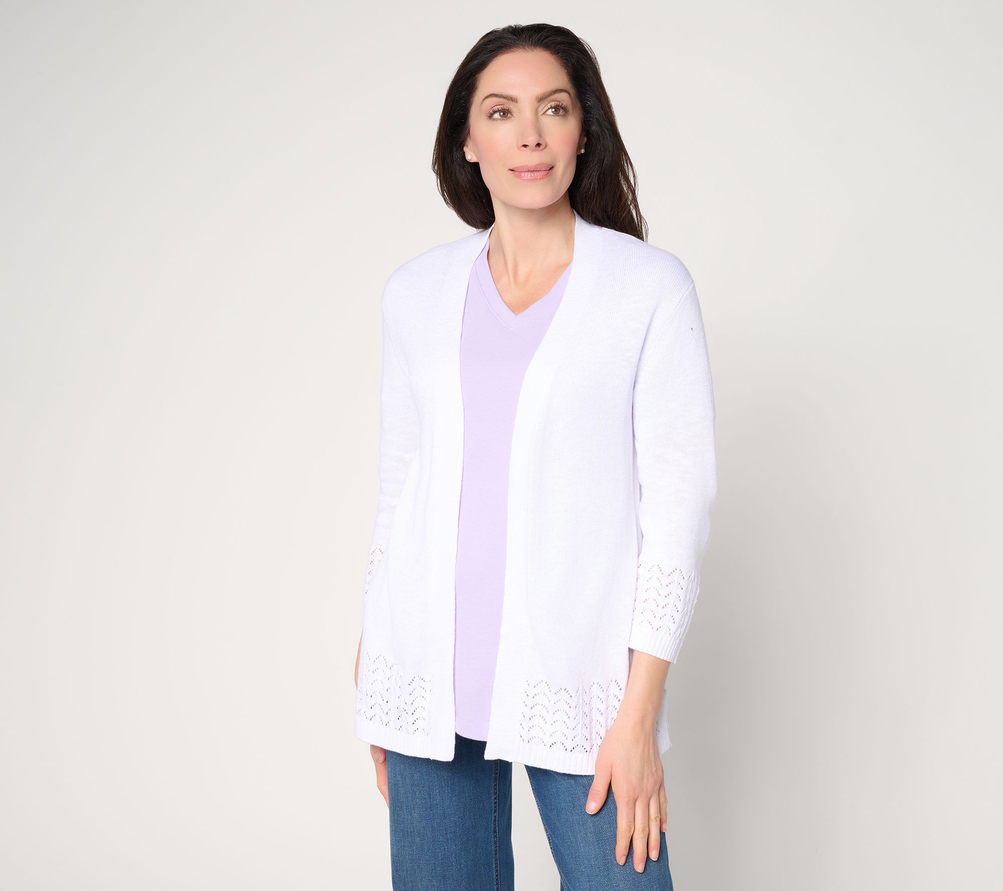 "As Is" Denim & Co. Beach Pointelle Sweater Cardigan