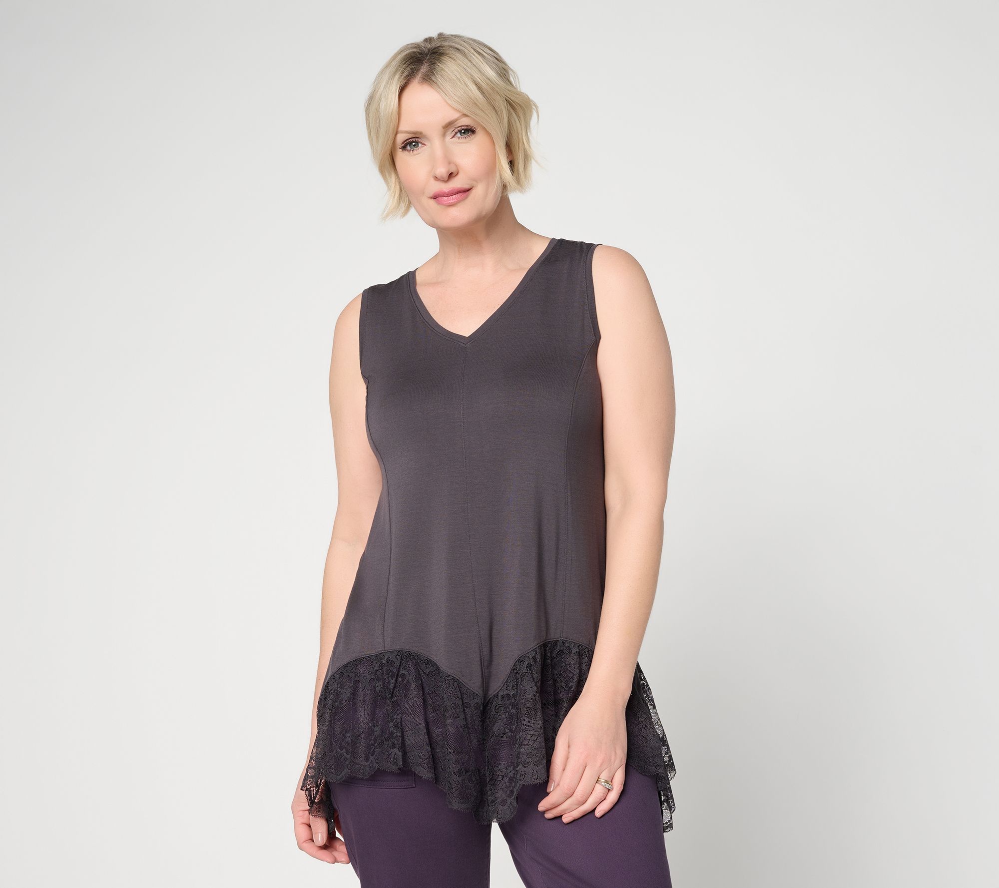 "As Is" LOGO Lavish by Lori Goldstein Seamed Tank with Lace Trim
