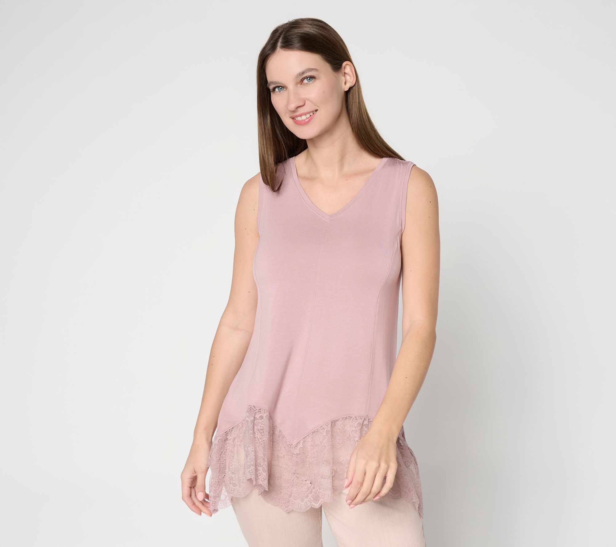 "As Is" LOGO Lavish by Lori Goldstein Seamed Tank with Lace Trim