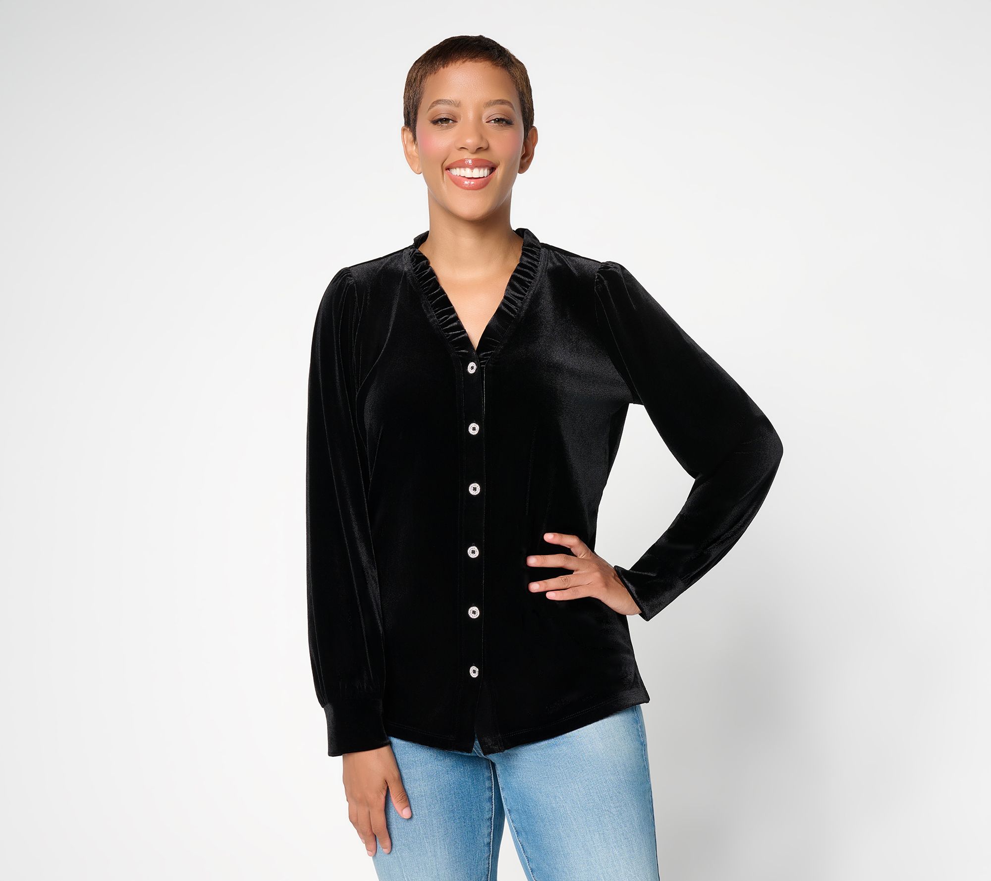 Belle by Kim Gravel Bellevet Tartan Ruffle Trim Blouse