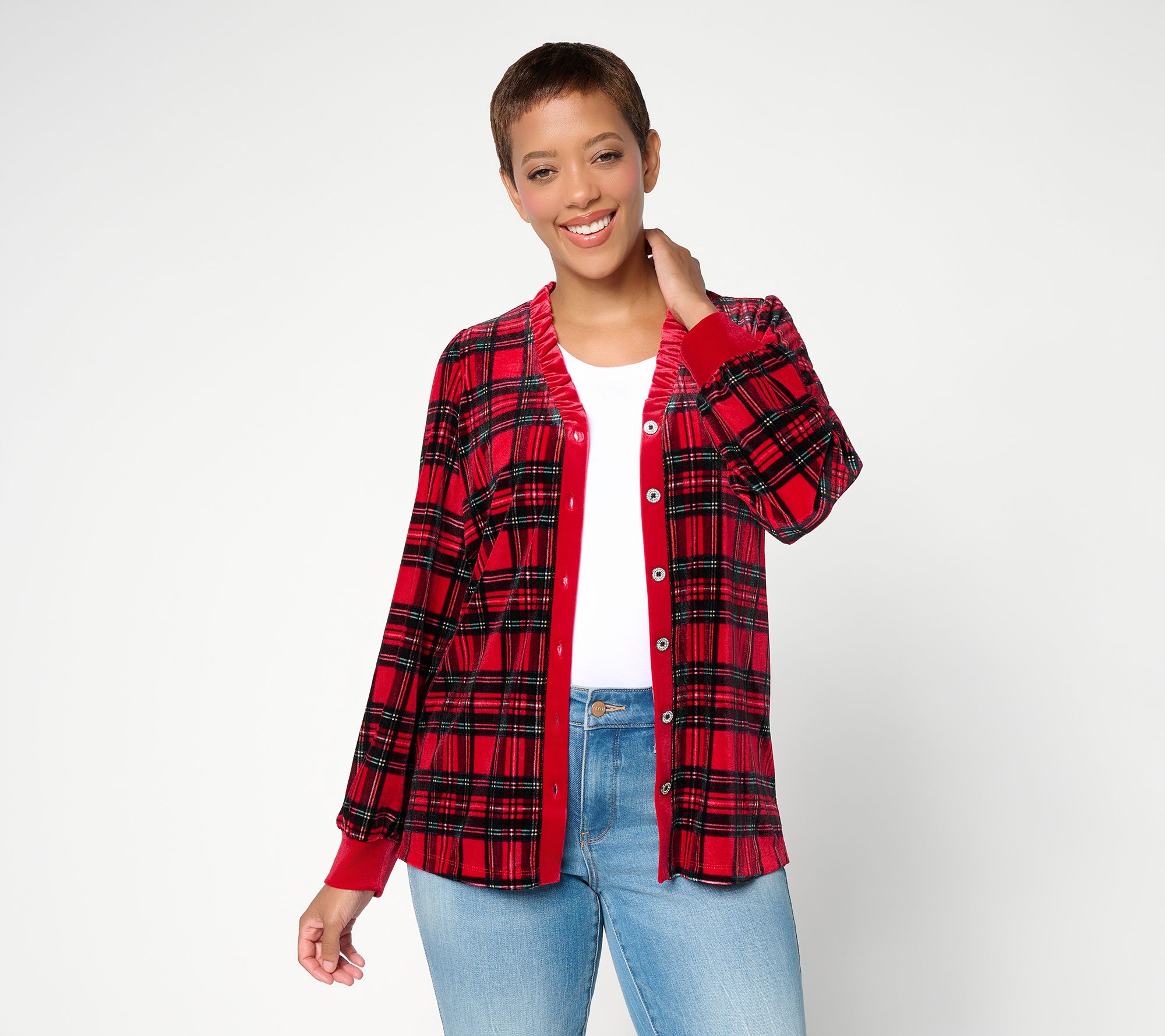 Belle by Kim Gravel Bellevet Tartan Ruffle Trim Blouse