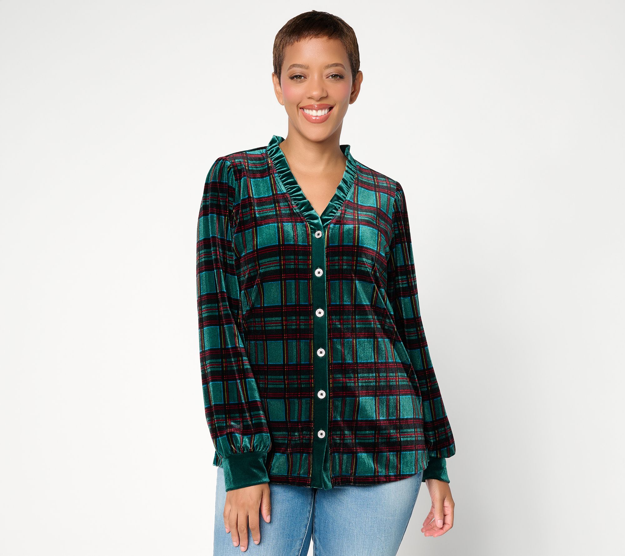 Belle by Kim Gravel Bellevet Tartan Ruffle Trim Blouse