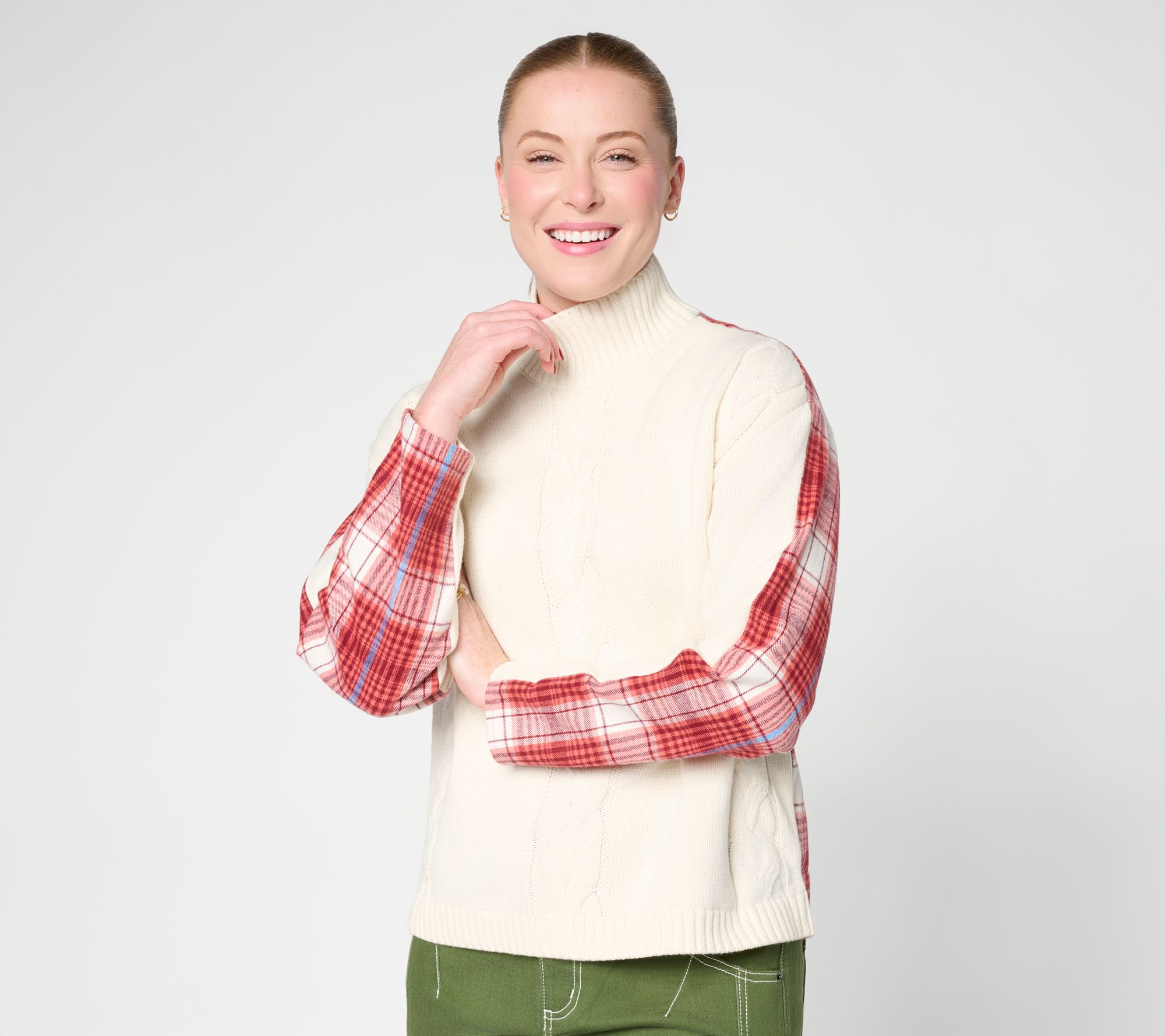 Peace Love World Flannel & Cable Knit Mixed Sweater