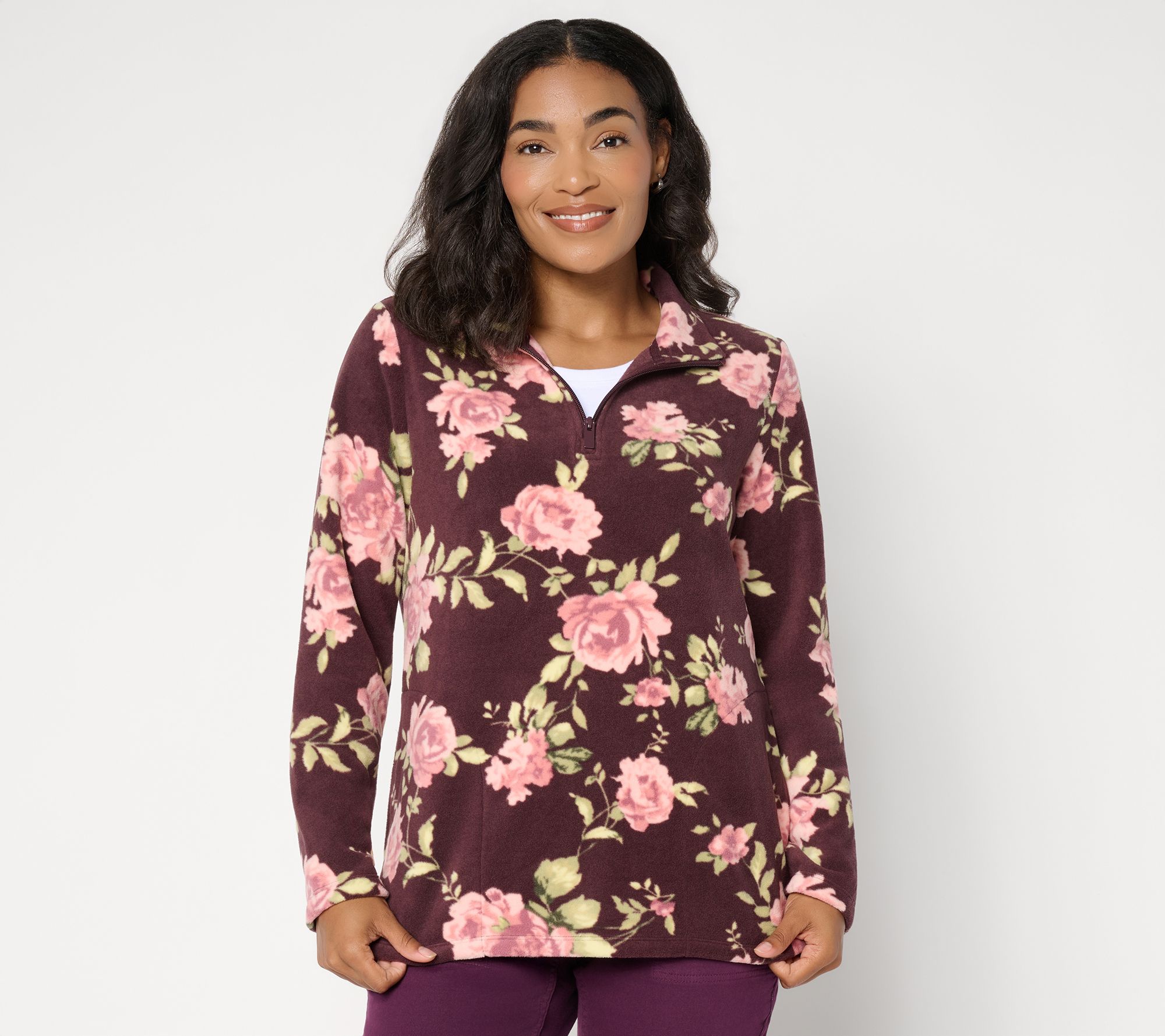 Denim & Co. Print or Solid Fleece Quarter Zip Pullover