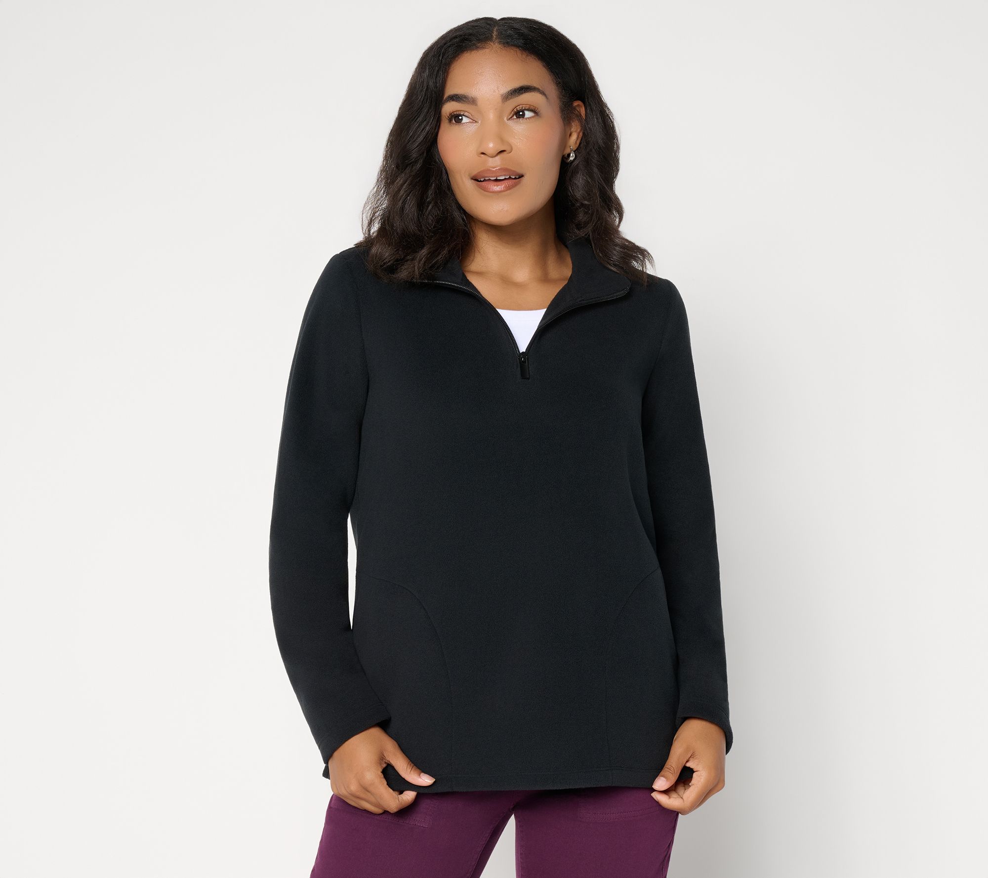 Denim & Co. Print or Solid Fleece Quarter Zip Pullover