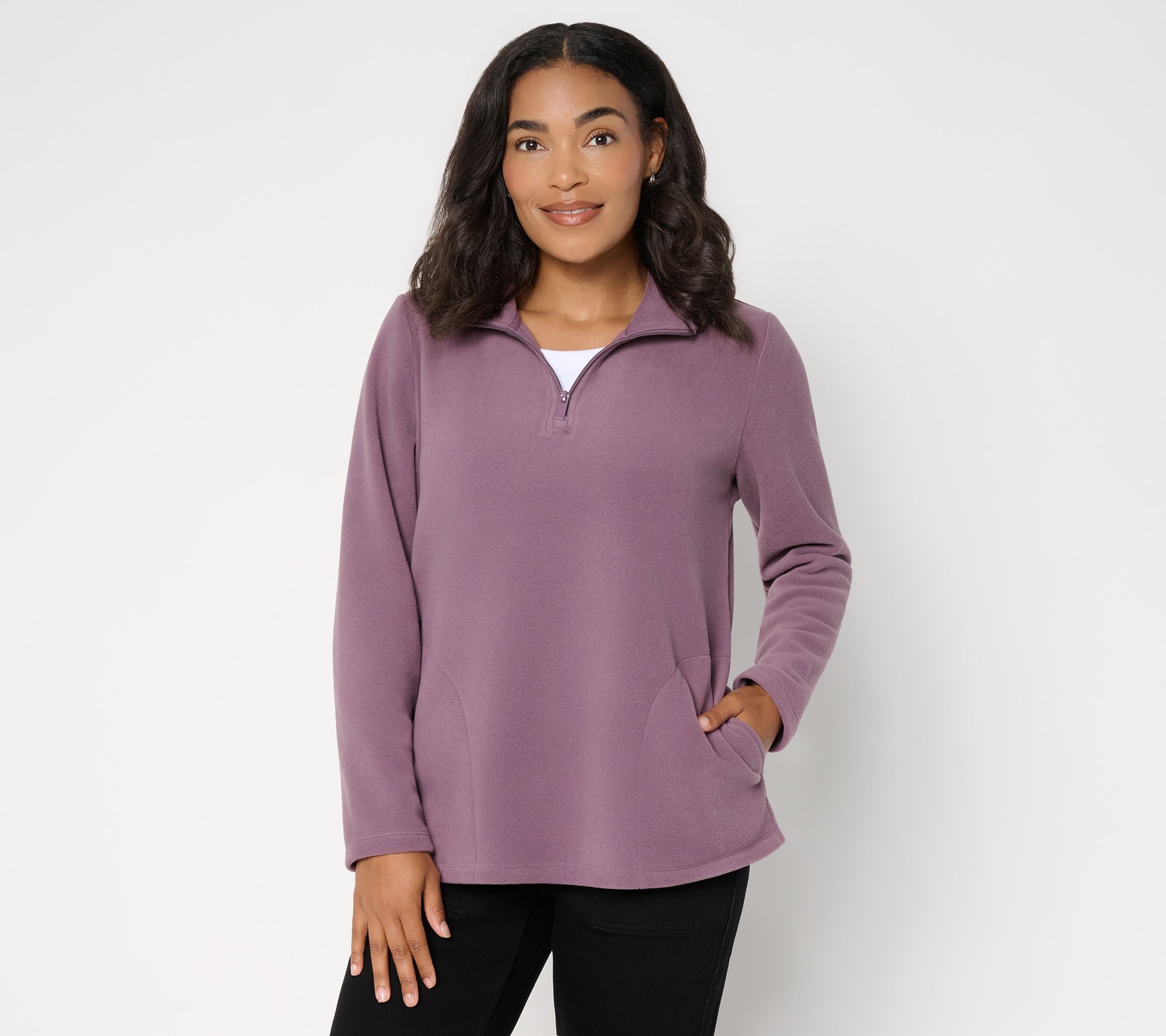 Denim & Co. Print or Solid Fleece Quarter Zip Pullover