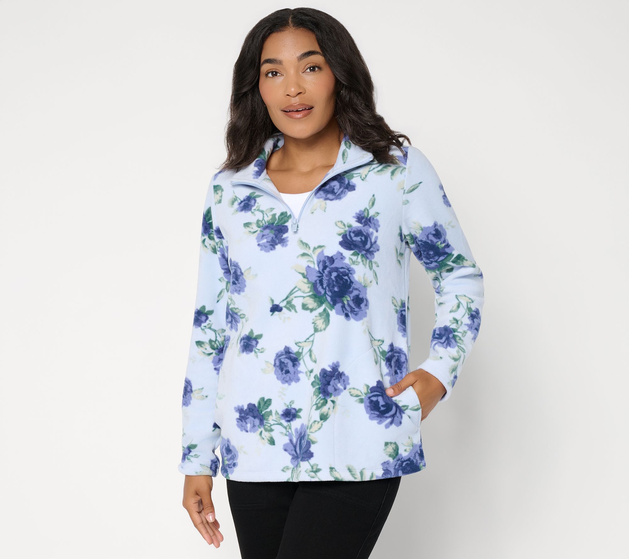 Denim & Co. Print or Solid Fleece Quarter Zip Pullover