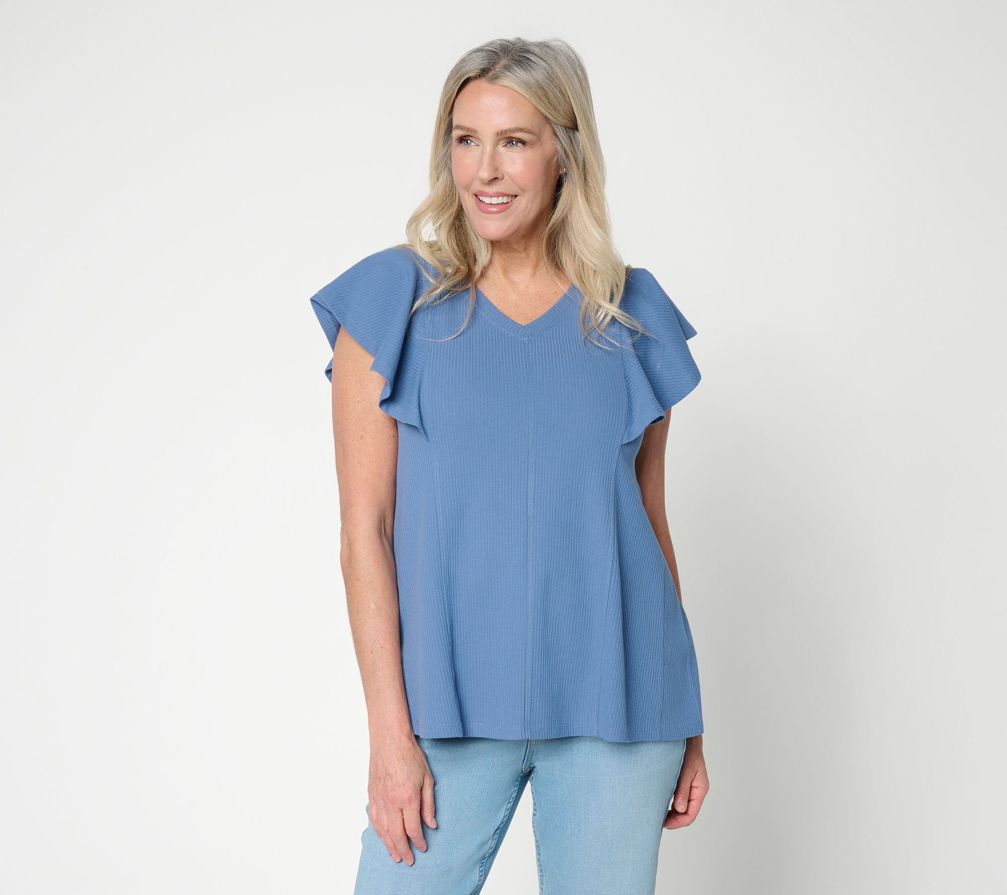 "As Is" LOGO by Lori Goldstein Flutter Sleeve Knit Ribbed V-Neck Top