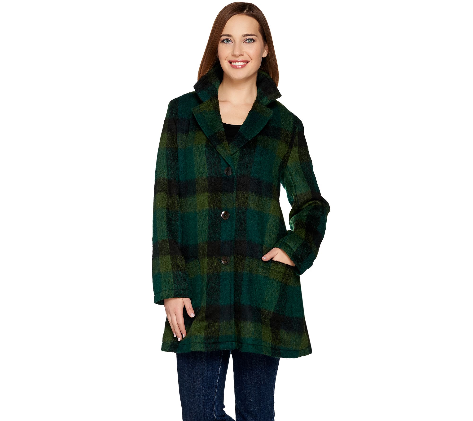 LOGO by Lori Goldstein Plaid Coat with Patch Pockets - QVC.com