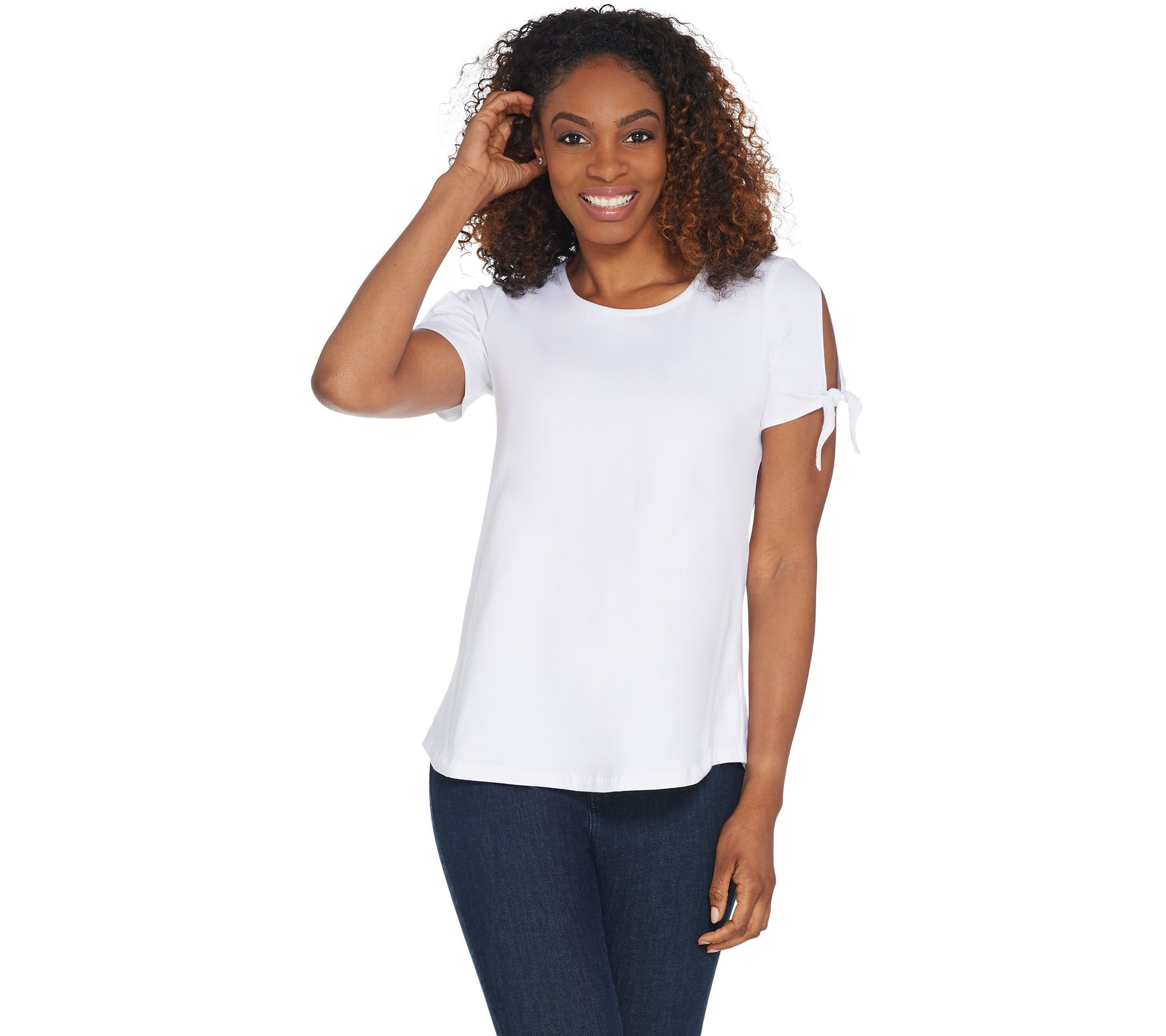 Women with Control Curved Hem T-Shirt w/ Tie Sleeve Detail - QVC.com