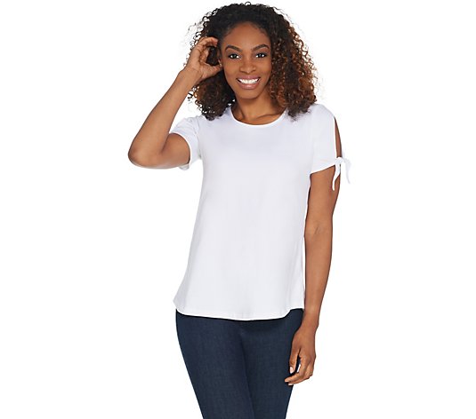 Women with Control Curved Hem T-Shirt w/ Tie Sleeve Detail