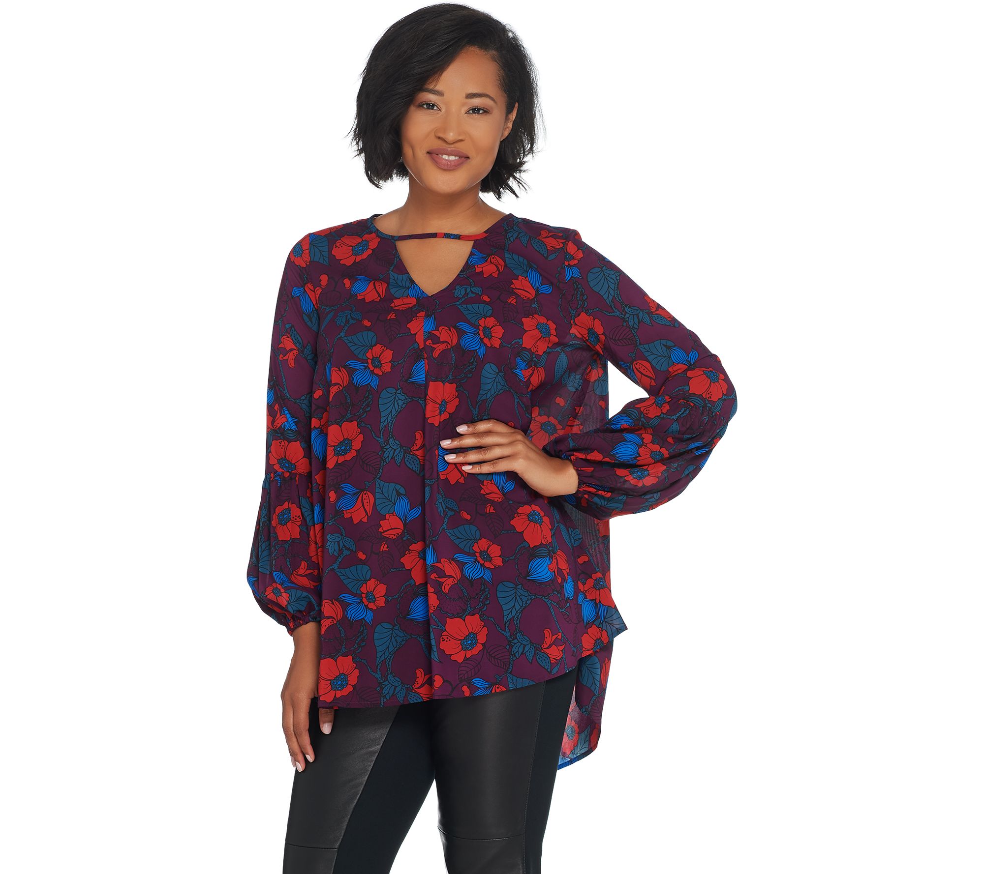 Du Jour Floral Printed Woven Tunic with Balloon Sleeves - QVC.com