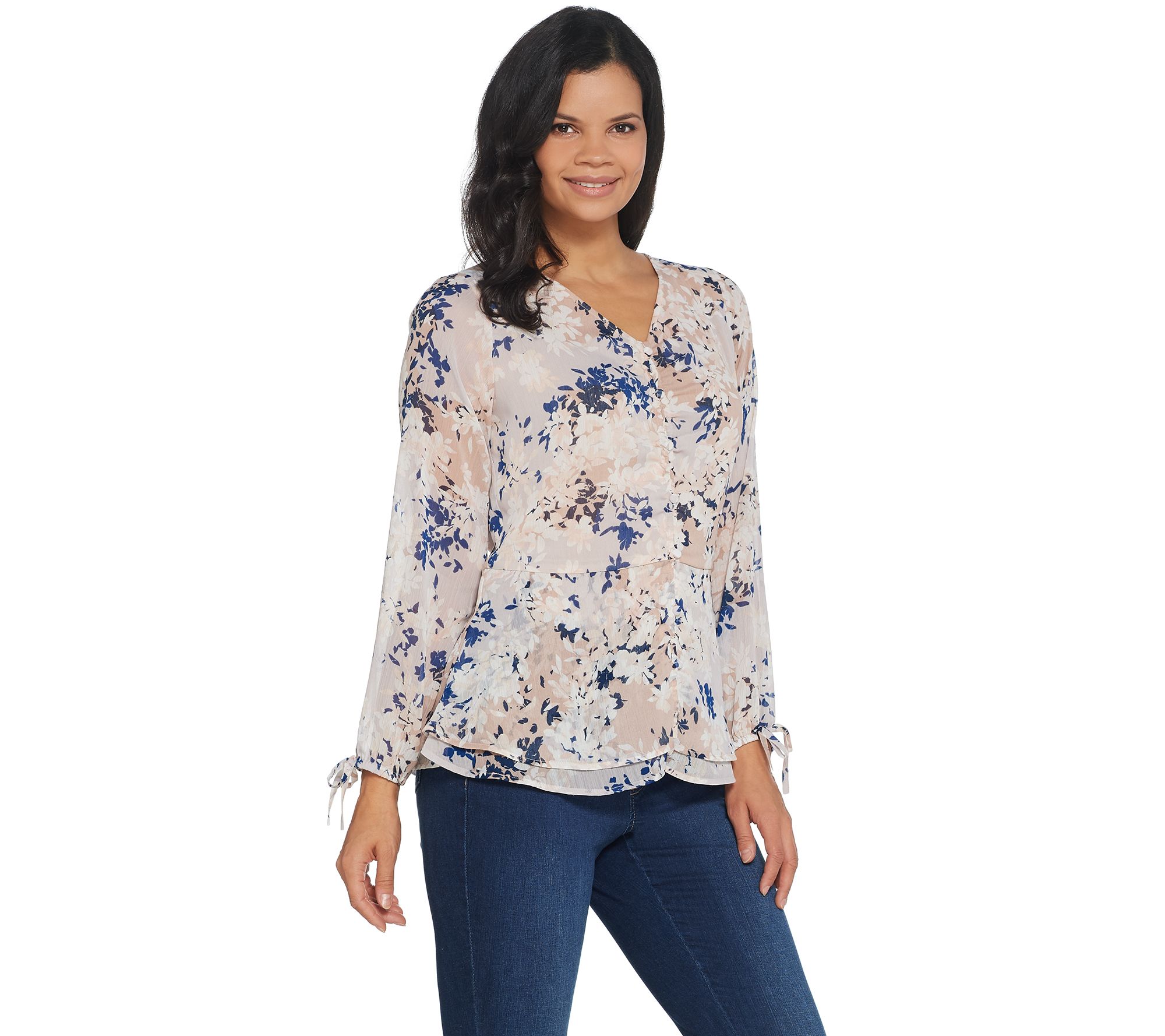 Belle by Kim Gravel Ruched V-Neck Blouse with Tie Sleeve - QVC.com