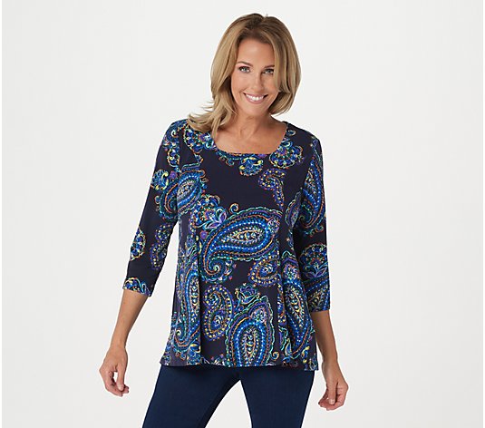 Susan Graver Printed Liquid Knit Fit & Flare 3/4-Sleeve Top