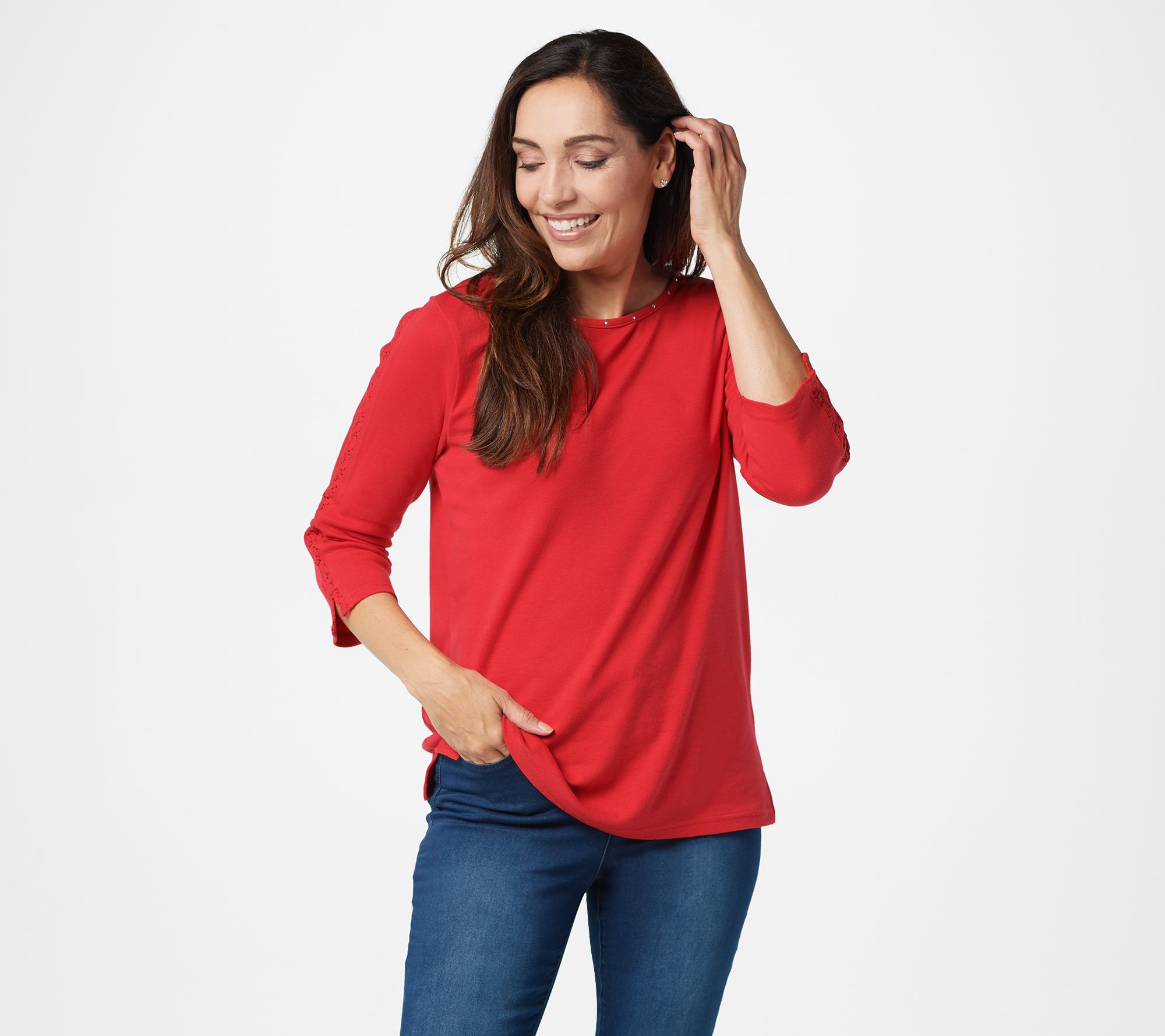 Quacker Factory 3/4-Sleeve Top with Lace and Rhinestone Detail - QVC.com