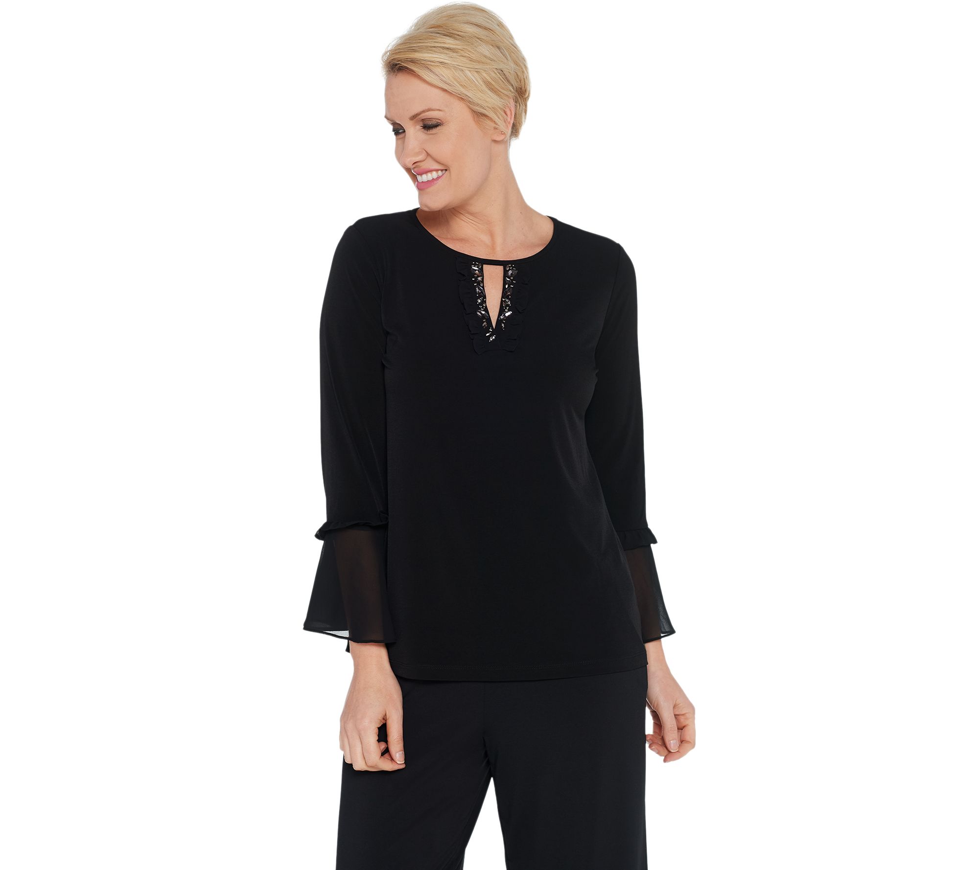 "As Is" Susan Graver Artisan Liquid Knit Top with Sheer Chiffon