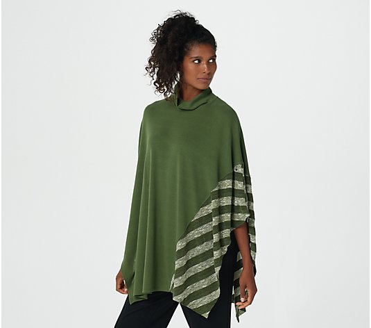 Truth + Style Petite Mixed Media Poncho with Stripe Detail