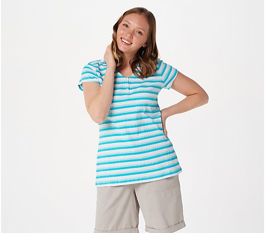 Denim & Co. Striped Knit Gauze Henley Top with Cap Sleeves